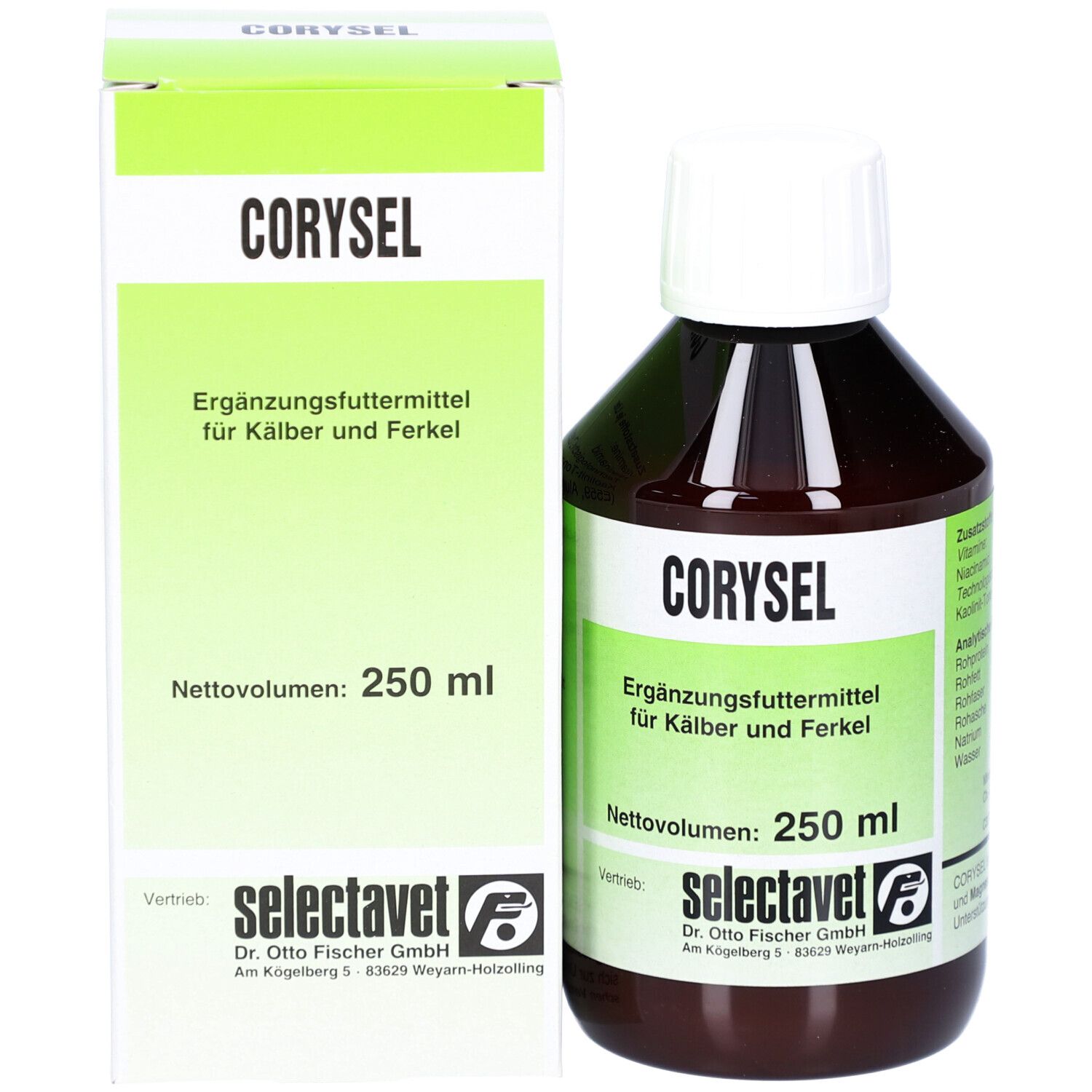 CORYSEL Flasche und Verpackung. Aufschrift: Ergänzungsfuttermittel für Kälber und Ferkel. 250 ml. Marke: selectavet.
