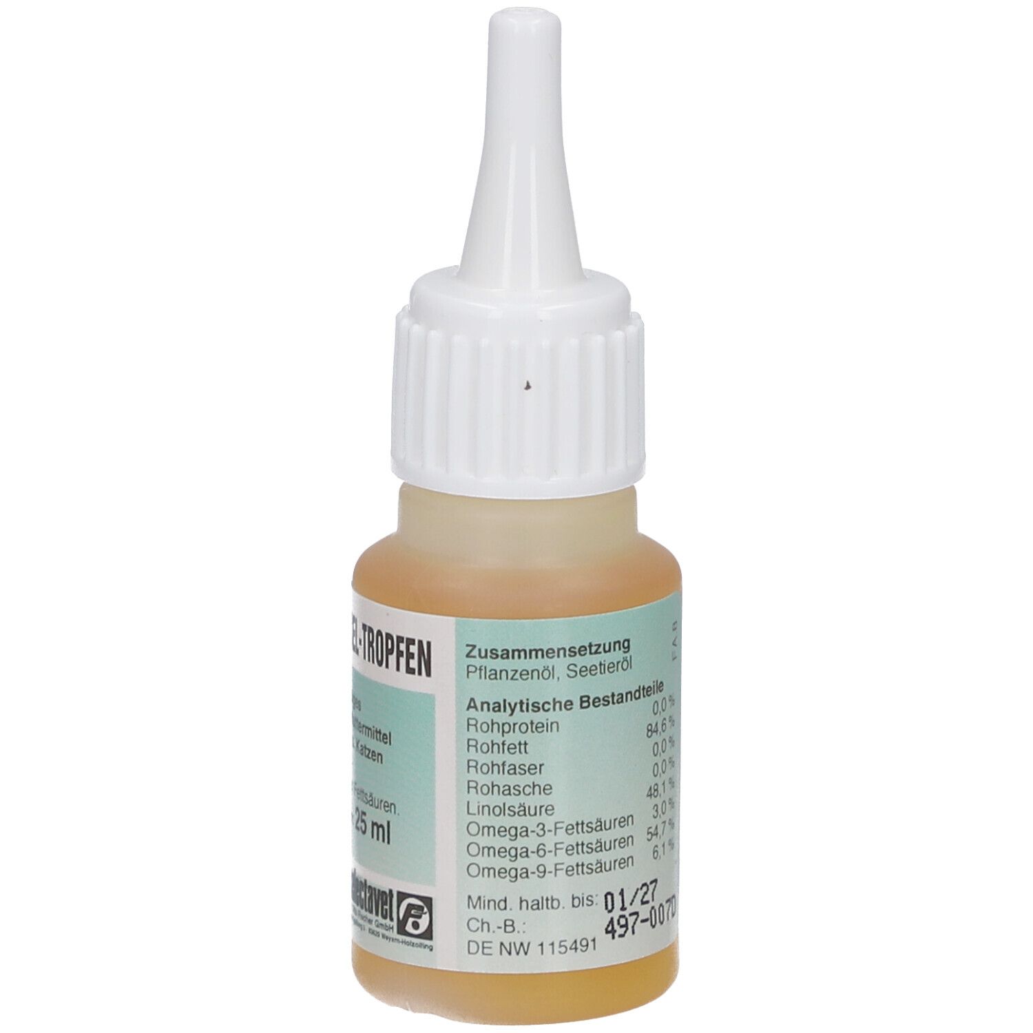 Tropfflasche mit braungelber Flüssigkeit. Aufschrift: EKZEDERMASEL-TROPFEN. Zusammensetzung: Pflanzenöl, Seeöl, Rohfett, Rohfaser.