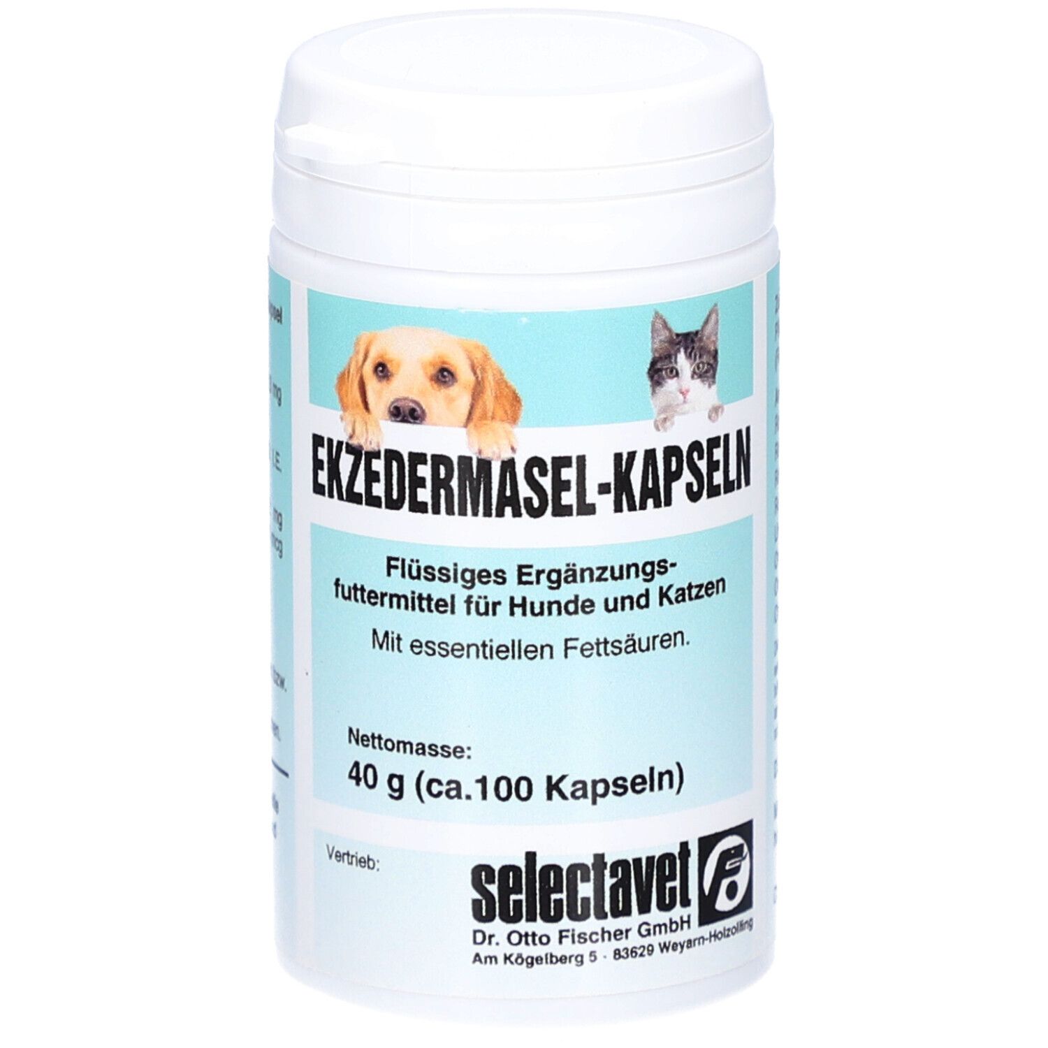 Weiße Dose mit Etikett. Aufschrift: Ekzdermasel-Kapseln. Flüssiges Ergänzungsfuttermittel für Hunde und Katzen. Netto: 40 g (ca. 100 Kapseln).
