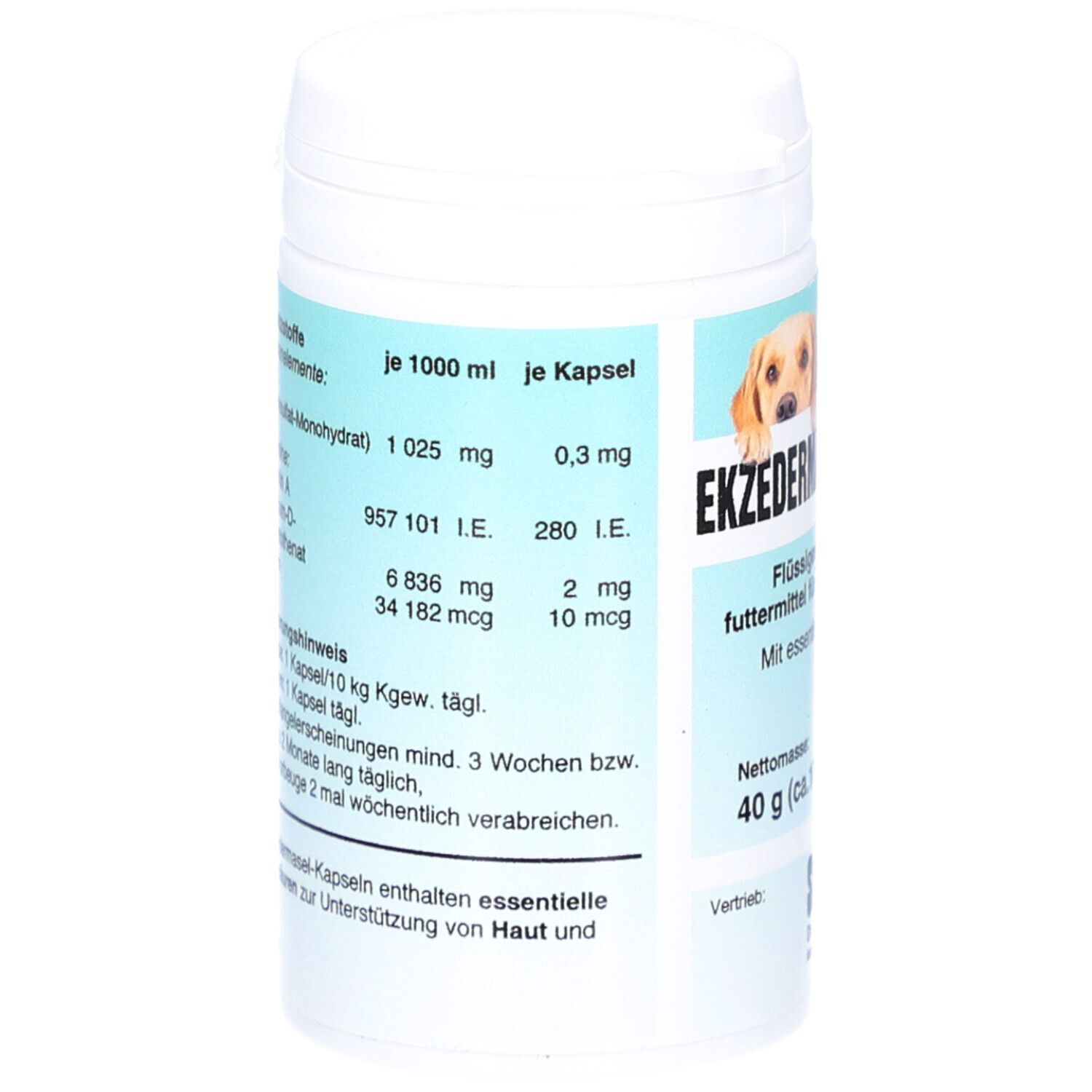 Weiße Dose mit Etikett. Aufschrift: Ekzdermasel-Kapseln. Flüssiges Ergänzungsfuttermittel für Hunde und Katzen. Nährwertangaben pro Kapsel.