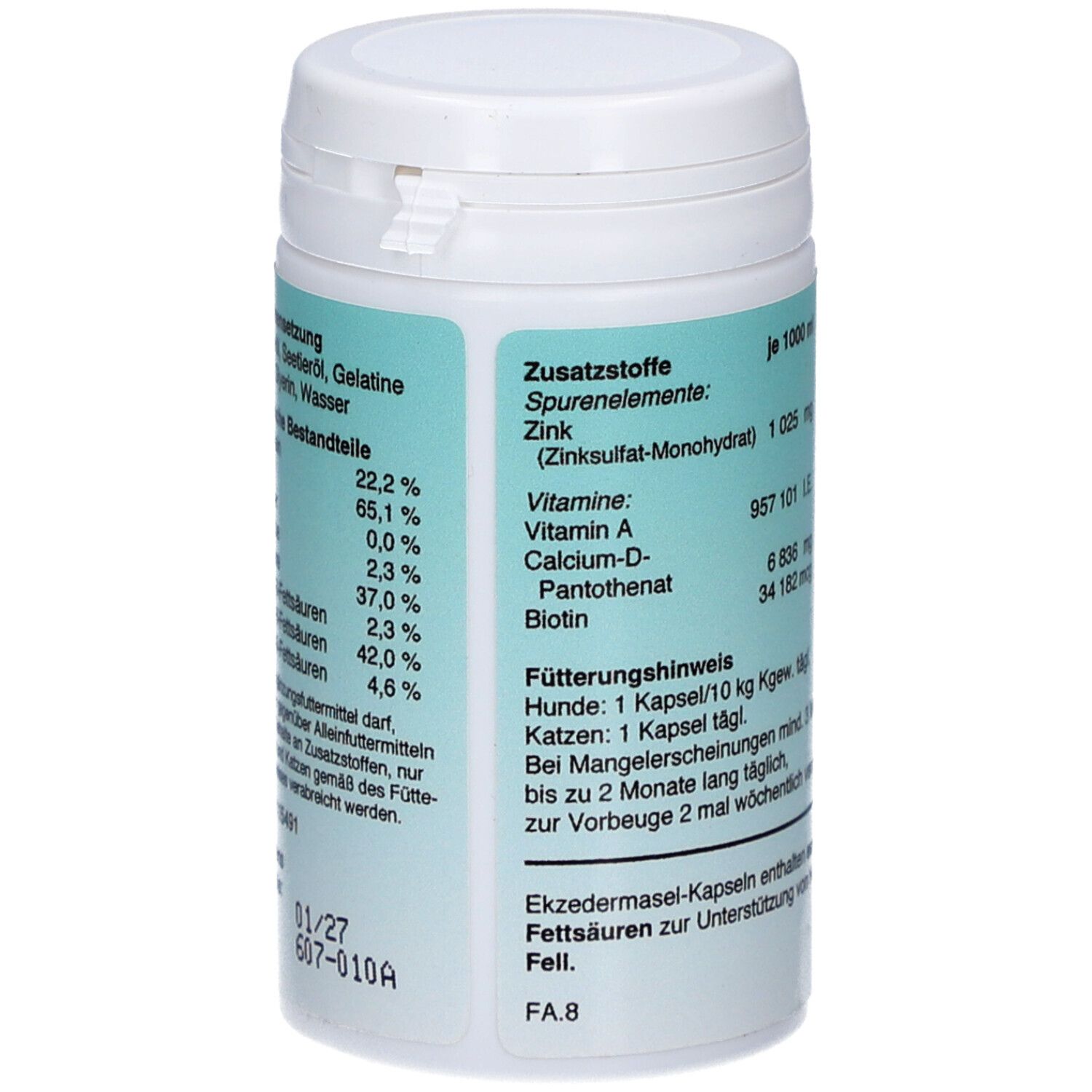 Weiße Dose mit Etikett. Aufschrift: Ekzdermasel-Kapseln. Zusammensetzung und Fütterungshinweis. Mindesthaltbarkeit 01/27.