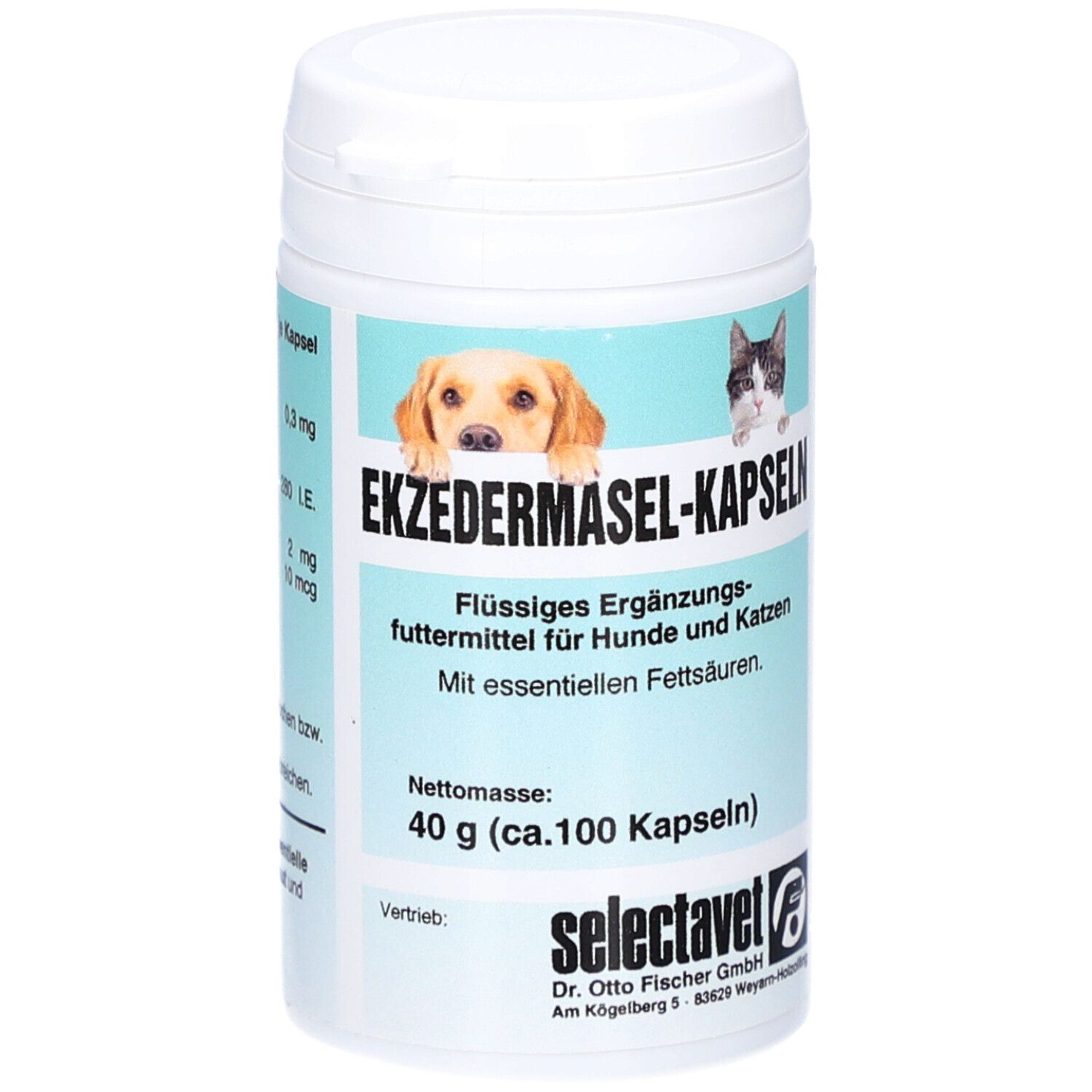 Weiße Dose mit Etikett. Aufschrift: Ekzdermasel-Kapseln. Flüssiges Ergänzungsfuttermittel für Hunde und Katzen. Netto: 40 g (ca. 100 Kapseln).