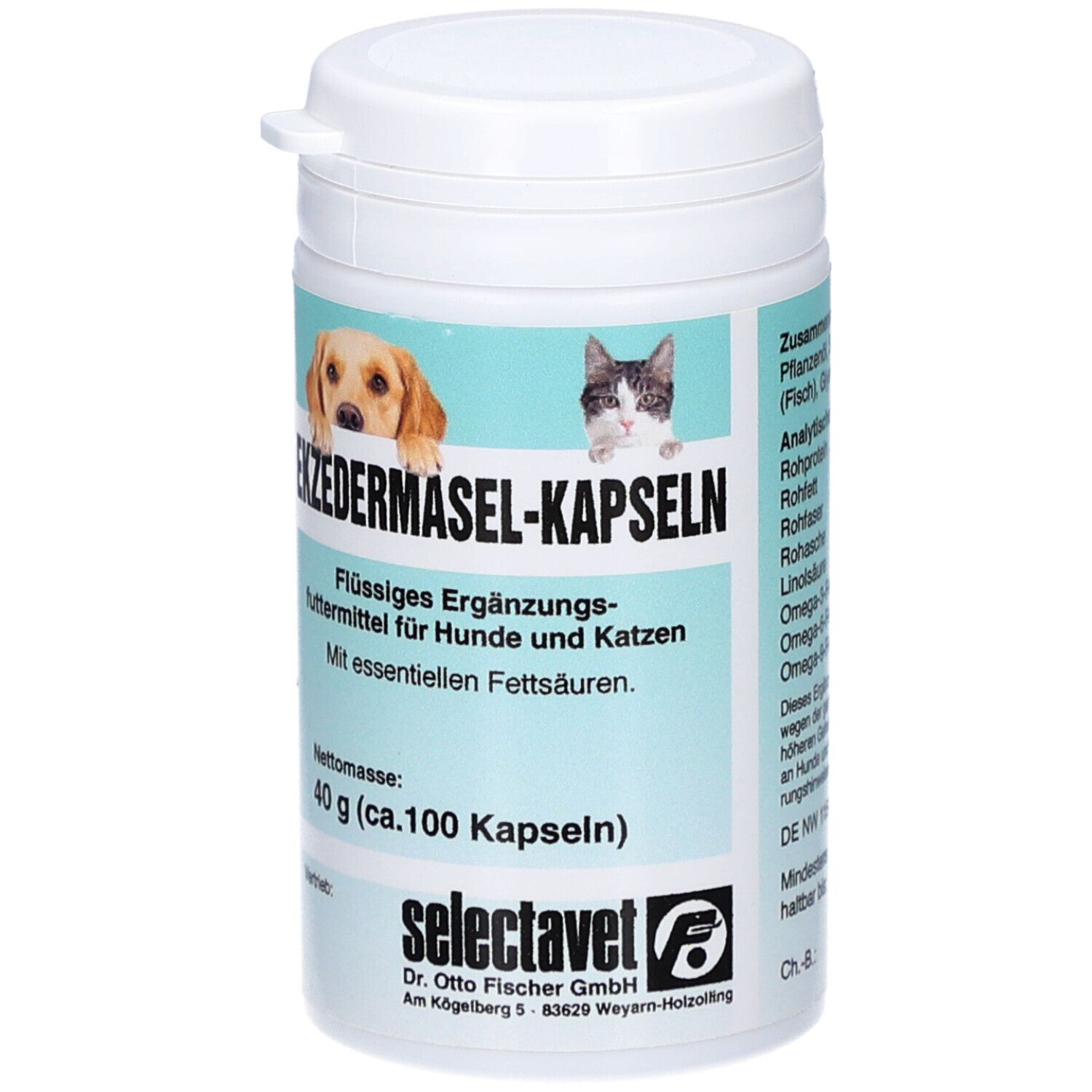Weiße Dose mit Etikett. Aufschrift: Ekzdermasel-Kapseln. Flüssiges Ergänzungsfuttermittel für Hunde und Katzen. Netto: 40 g (ca. 100 Kapseln).