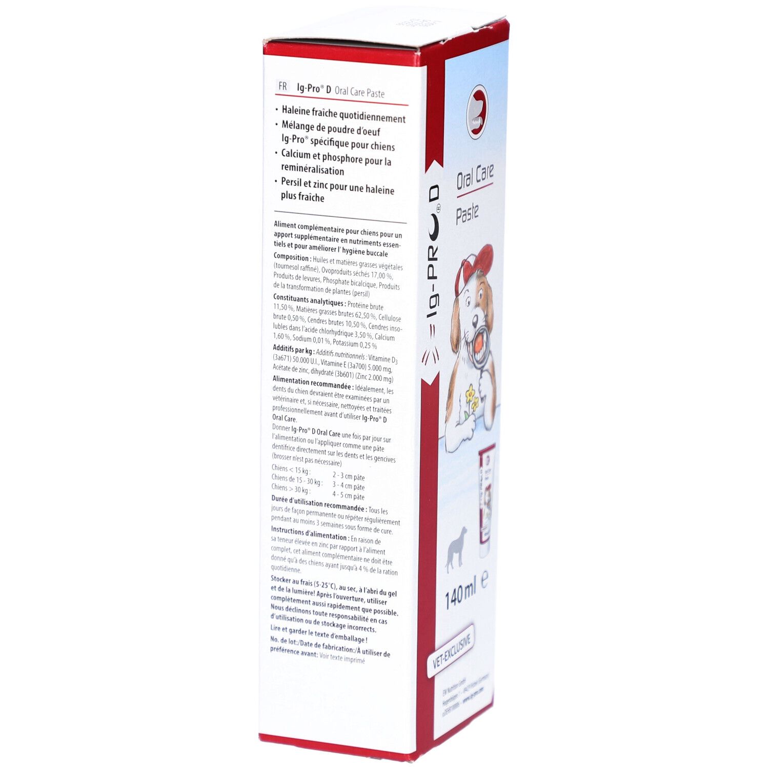 Seite der Verpackung von Ig Pro D Oral Care Paste. Enthält Informationen über die Inhaltsstoffe und die Anwendung.