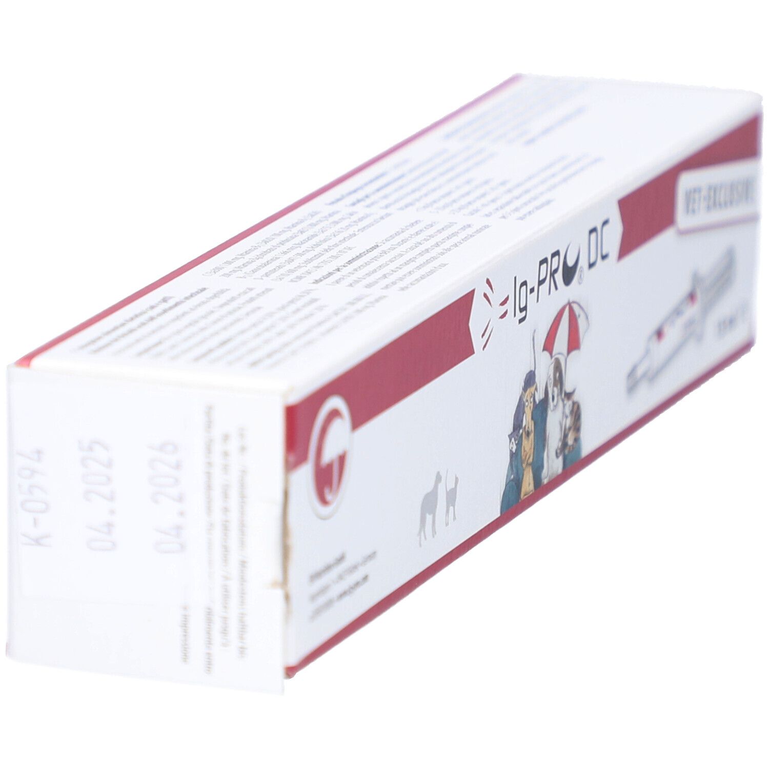Karton, Seitenansicht. Produktname Ig-Pro DC. Aufdruck 'VET-EXCLUSIVE'. Haltbarkeitsdatum.
