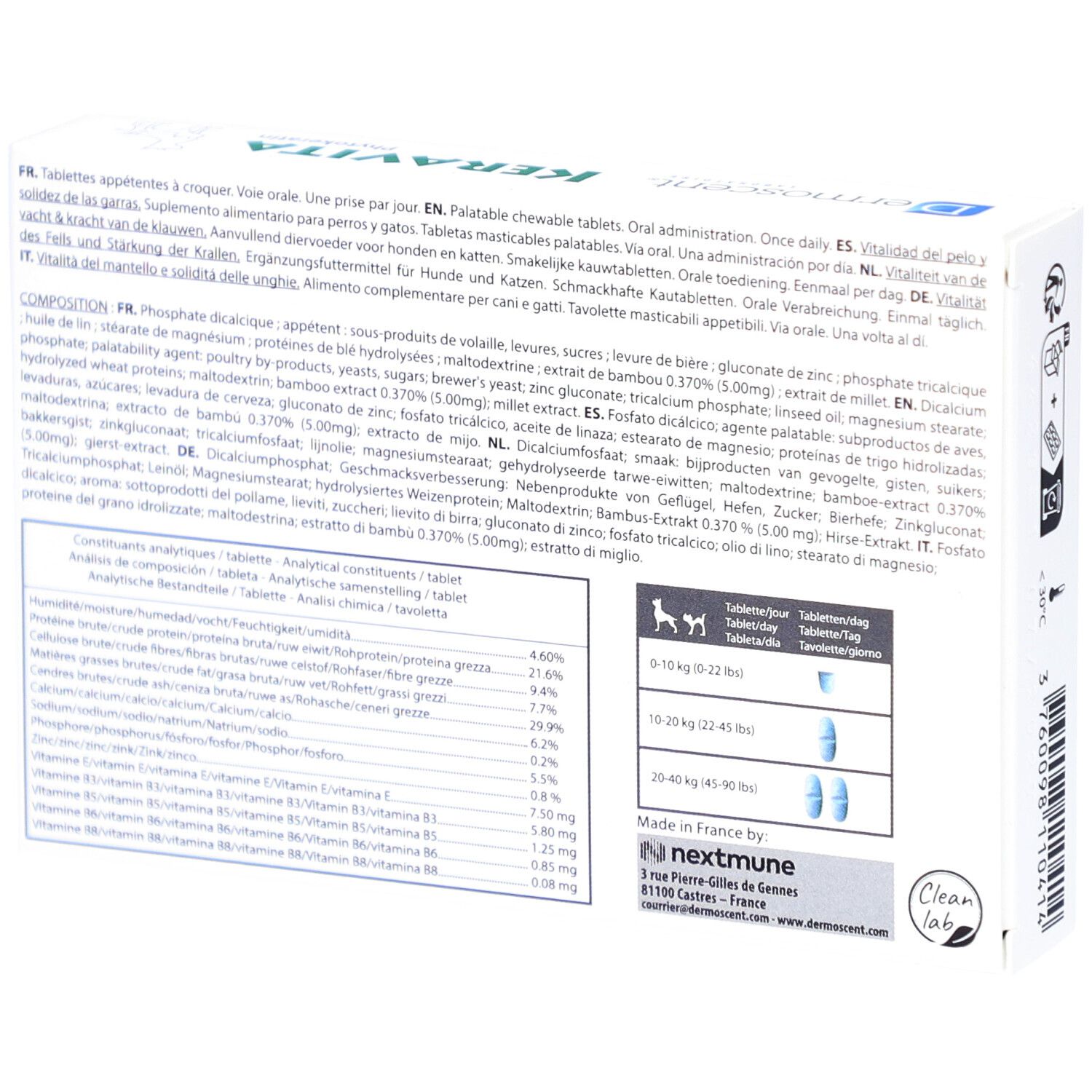 Rückseite der "Keravita"-Verpackung. Enthält Informationen zu Inhaltsstoffen und Dosierung. Text in mehreren Sprachen.