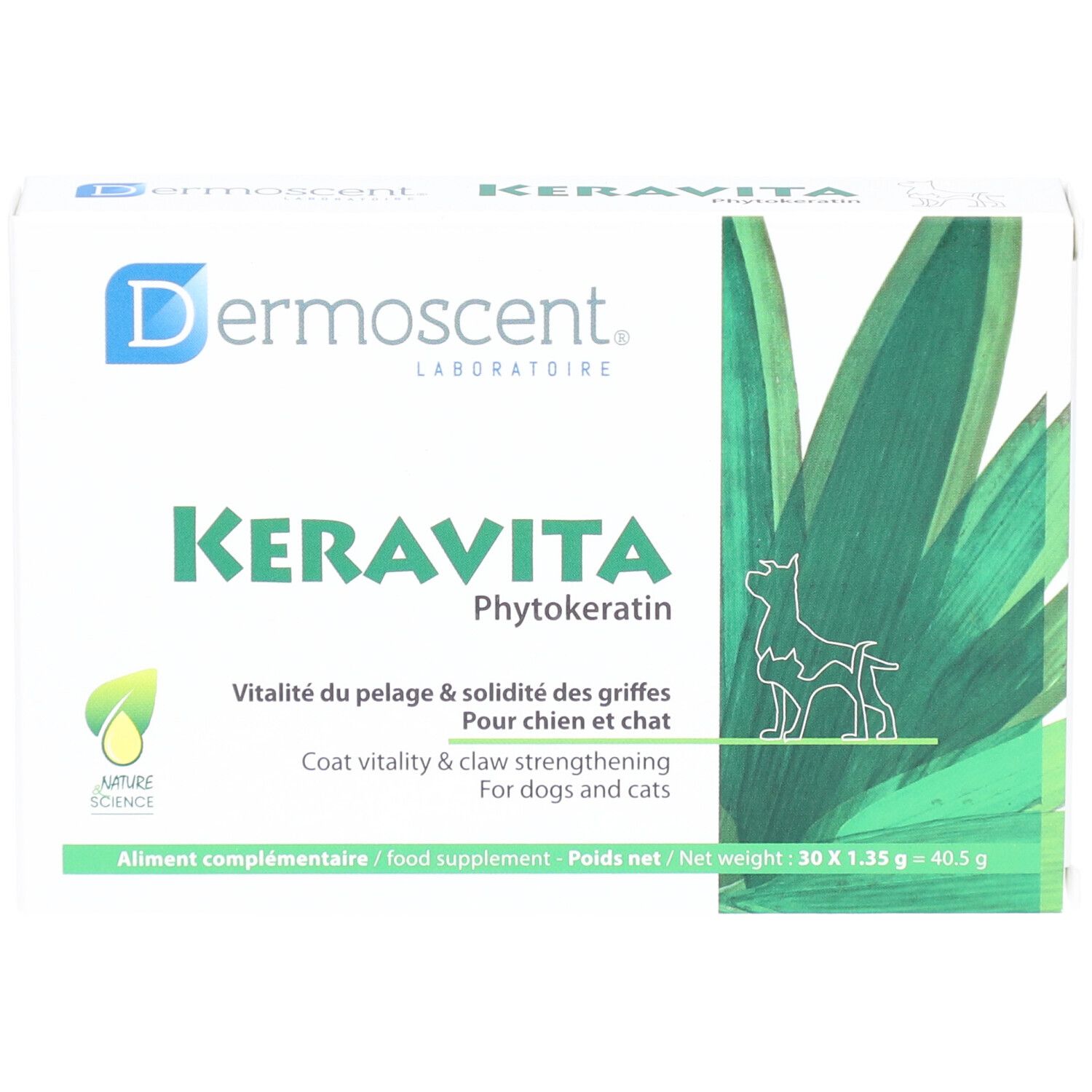 Karton mit "Keravita"-Schriftzug und Logo. Enthält 30 Tabletten für Hunde und Katzen. Grün-weiße Verpackung.