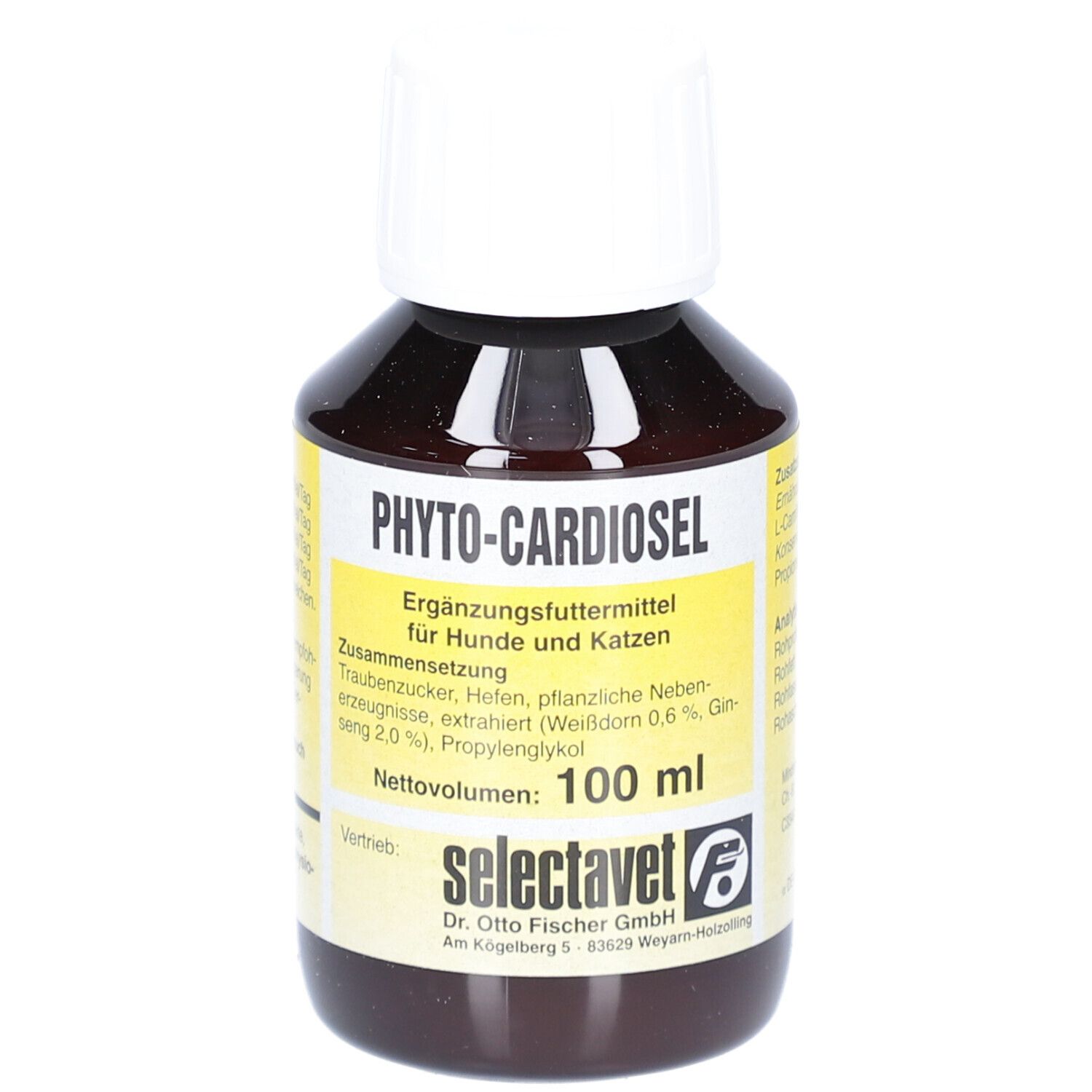 Braune Flasche mit weißem Deckel. Auf gelbem Etikett: PHYTOCARDIOSel, Ergänzungsfuttermittel für Hunde und Katzen. 100 ml.