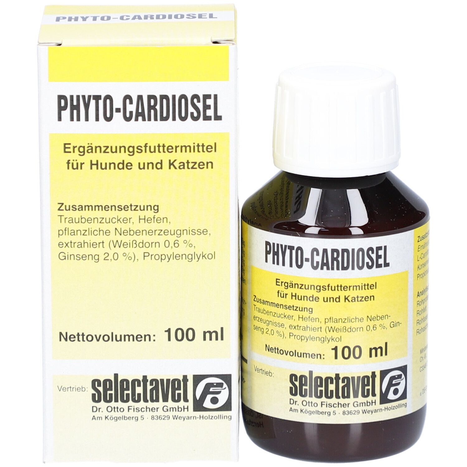 Braune Flasche mit weißem Deckel und gelber Verpackung. Auf der Verpackung und Flasche: PHYTOCARDIOSel, Ergänzungsfuttermittel für Hunde und Katzen. 100 ml.