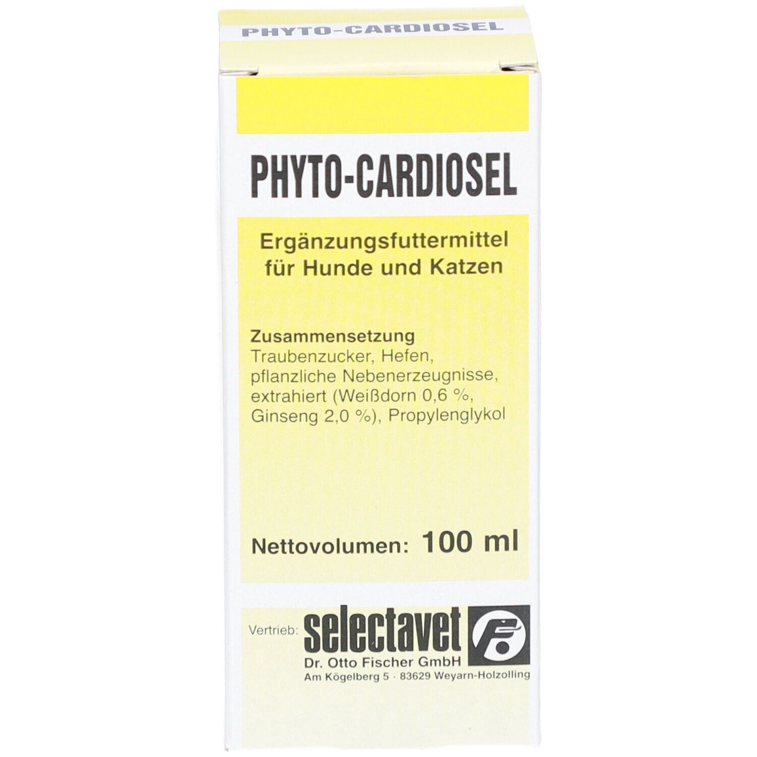 Gelbe Verpackung mit Text: PHYTOCARDIOSel, Ergänzungsfuttermittel für Hunde und Katzen. 100 ml. Logo von selectavet.