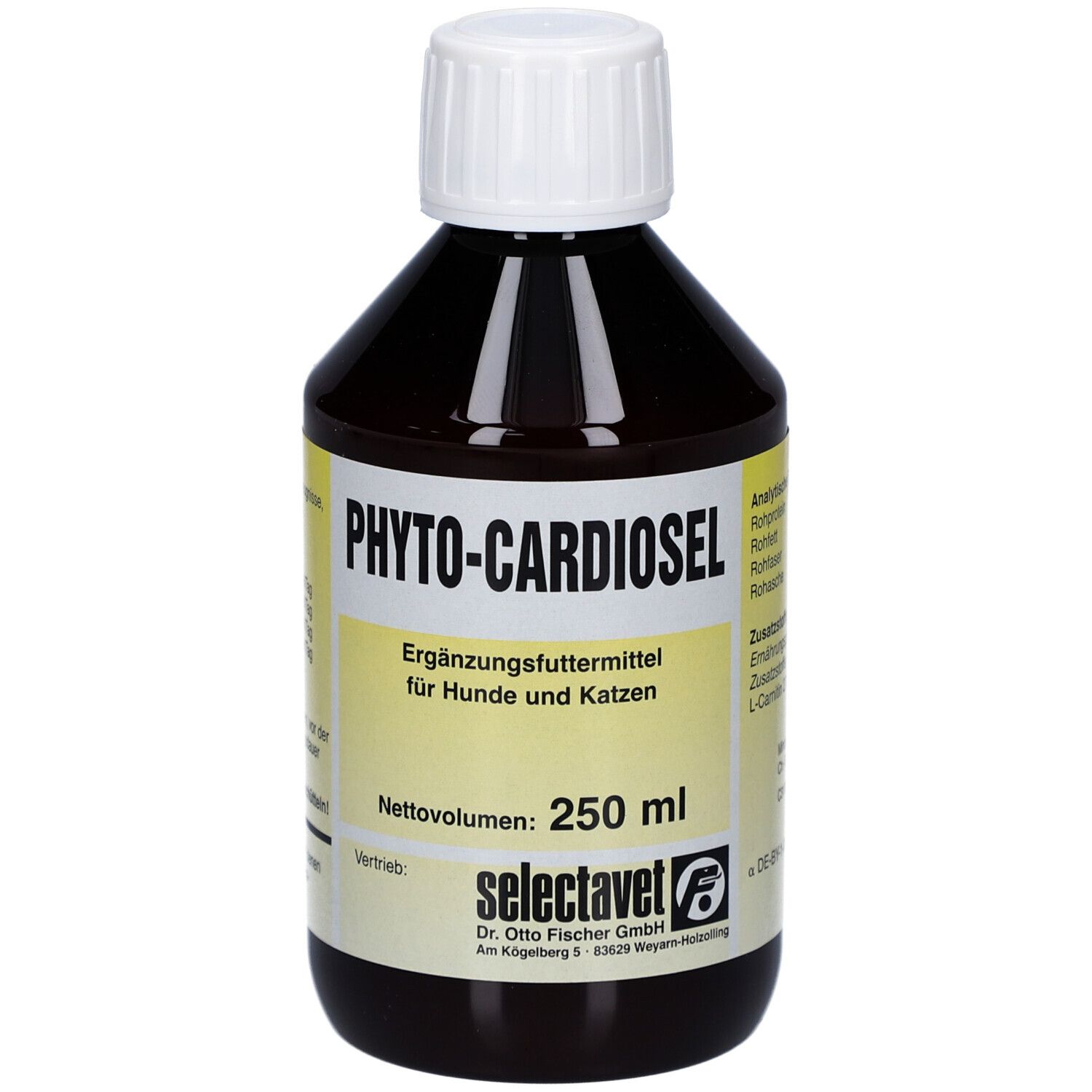 Braune Flasche mit weißem Deckel. Aufschrift: PHYTOCARDIOSel. Ergänzungsfuttermittel für Hunde und Katzen. 250 ml.