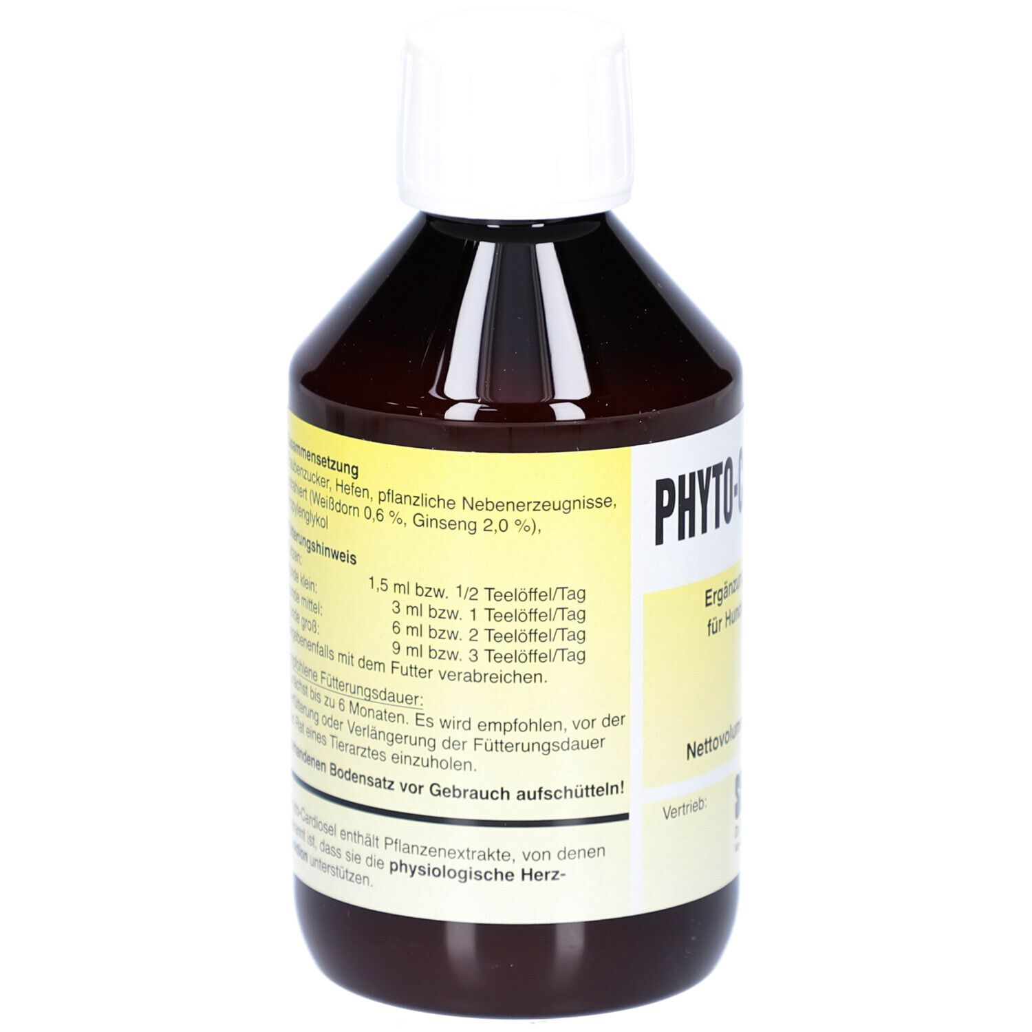 Braune Flasche mit weißem Deckel. Aufschrift: PHYTOCARDIOSel. Ergänzungsfuttermittel für Hunde und Katzen. Text auf Etikett.
