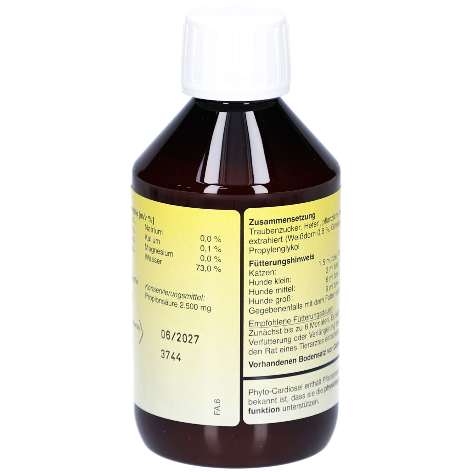 Braune Flasche mit weißem Deckel. Aufschrift: PHYTOCARDIOSel. Ergänzungsfuttermittel für Hunde und Katzen. Text auf Etikett.