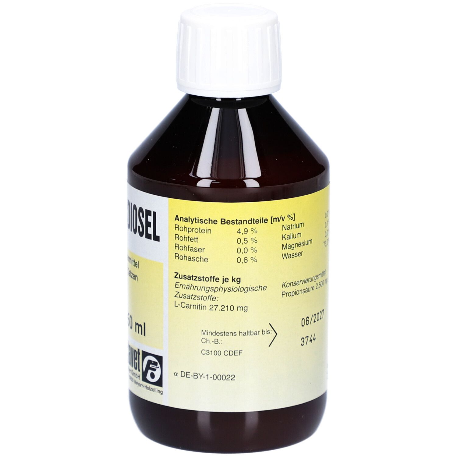 Braune Flasche mit weißem Deckel. Aufschrift: PHYTOCARDIOSel. Ergänzungsfuttermittel für Hunde und Katzen. Text auf Etikett.