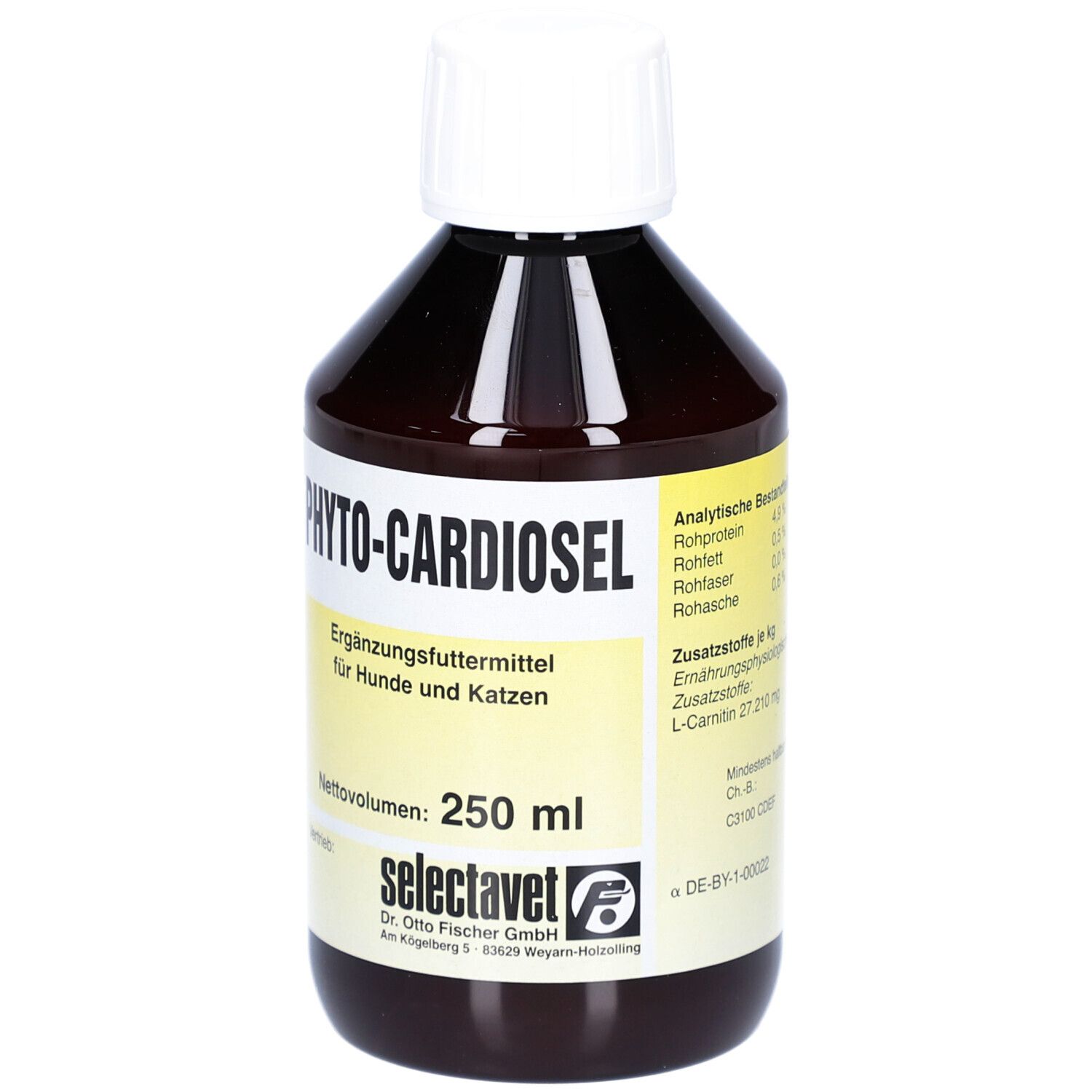 Braune Flasche mit weißem Deckel. Aufschrift: PHYTOCARDIOSel. Ergänzungsfuttermittel für Hunde und Katzen. 250 ml.