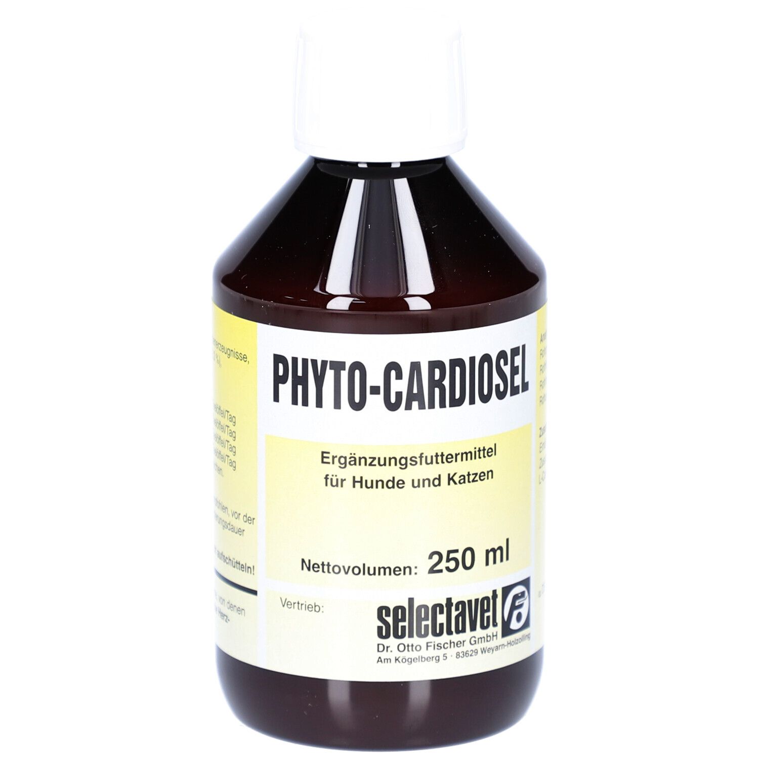 Braune Flasche mit weißem Deckel. Aufschrift: PHYTOCARDIOSel. Ergänzungsfuttermittel für Hunde und Katzen. 250 ml.