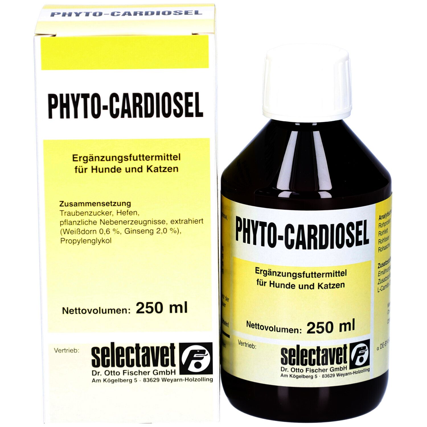 Flasche und Schachtel. Aufschrift: PHYTOCARDIOSel. Ergänzungsfuttermittel für Hunde und Katzen. 250 ml. Zusammensetzung.