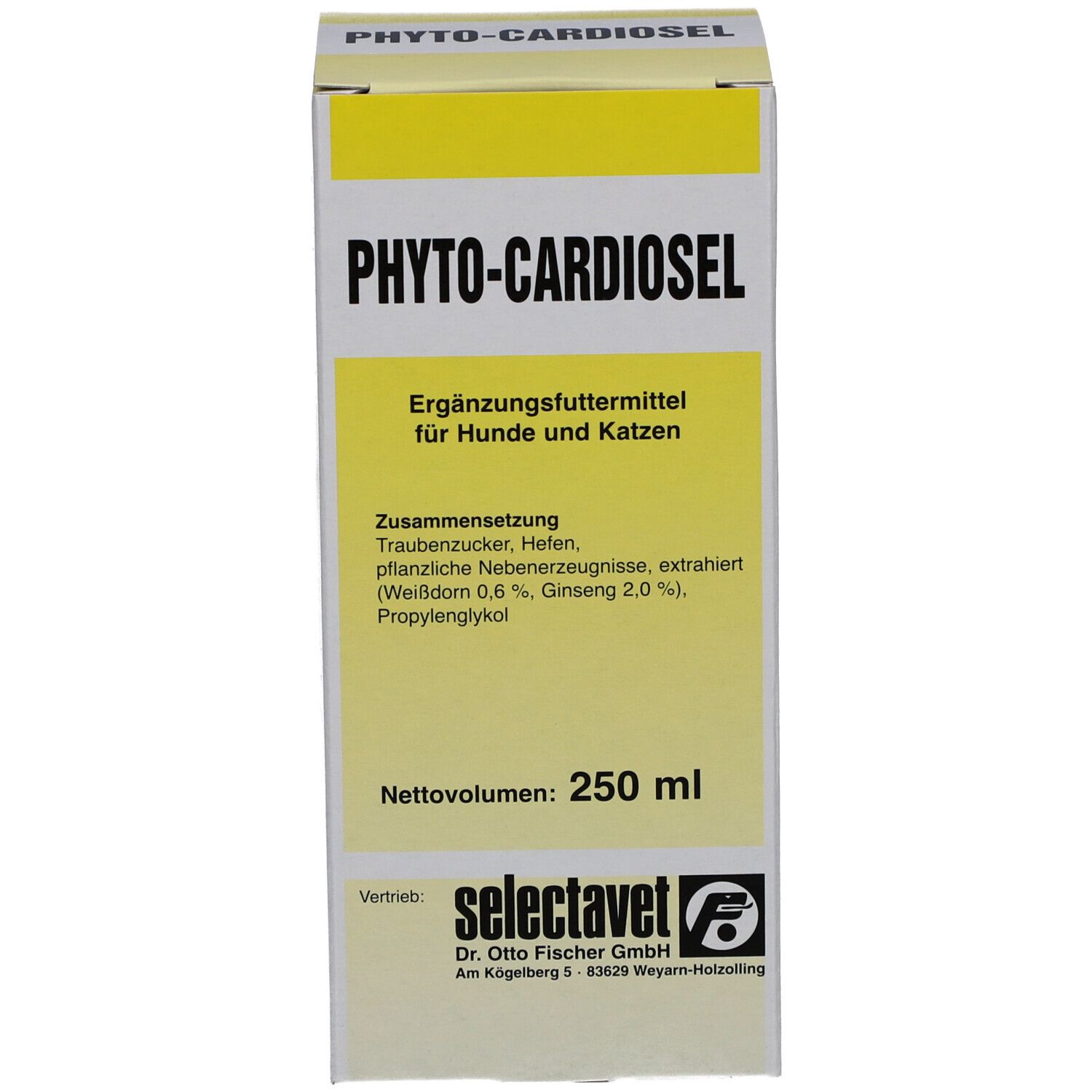 Schachtel. Aufschrift: PHYTOCARDIOSel. Ergänzungsfuttermittel für Hunde und Katzen. 250 ml. Zusammensetzung.
