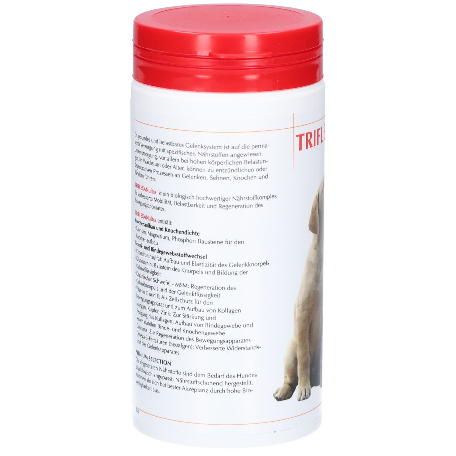 Weißes, zylindrisches Behältnis mit rotem Deckel. Textinformationen auf der Seite. Ergänzungsfuttermittel für Hunde.