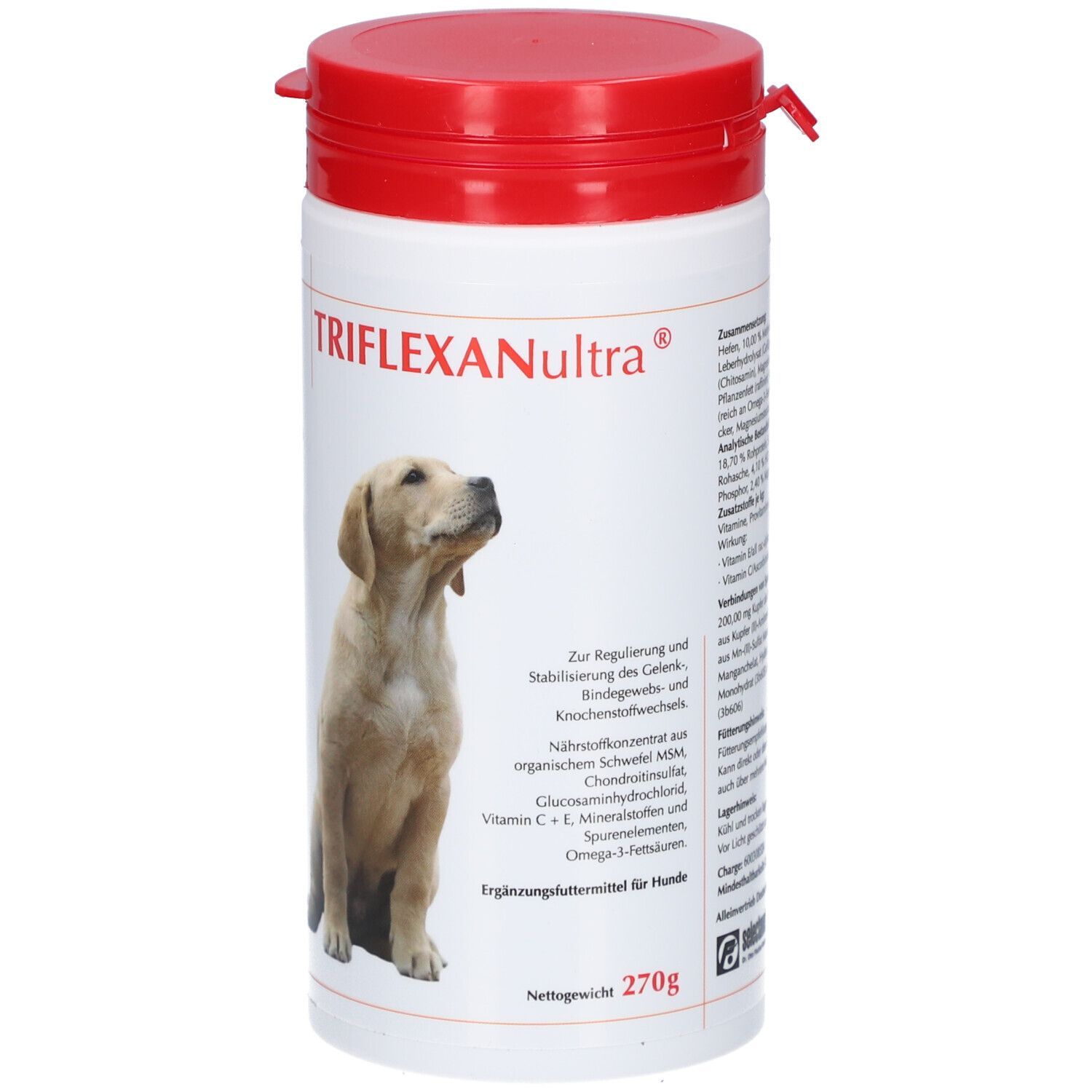 Weißes, zylindrisches Behältnis mit rotem Deckel. Aufschrift Triflexan Ultra und Abbildung eines Hundes. Ergänzungsfuttermittel.