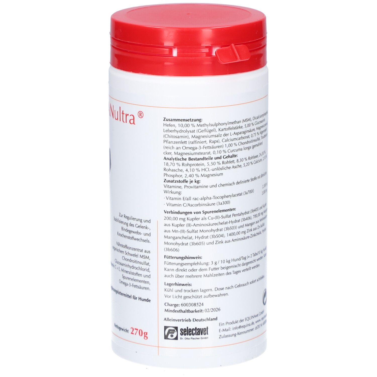 Weißes, zylindrisches Behältnis mit rotem Deckel. Textinformationen auf der Seite. Ergänzungsfuttermittel für Hunde.