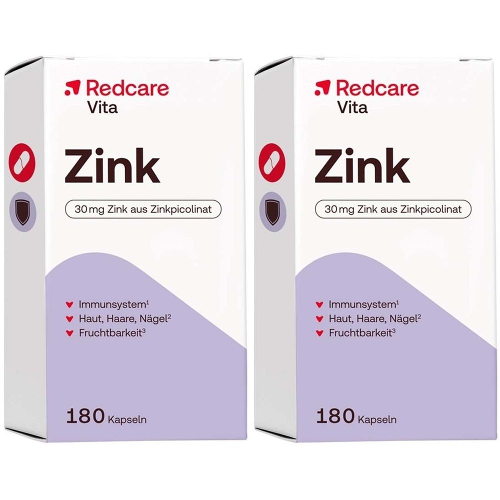 Zwei weiße Schachteln mit rotem Logo und der Aufschrift "Zink". Darunter "30mg Zink aus Zinkpicolinat" und "180 Kapseln".