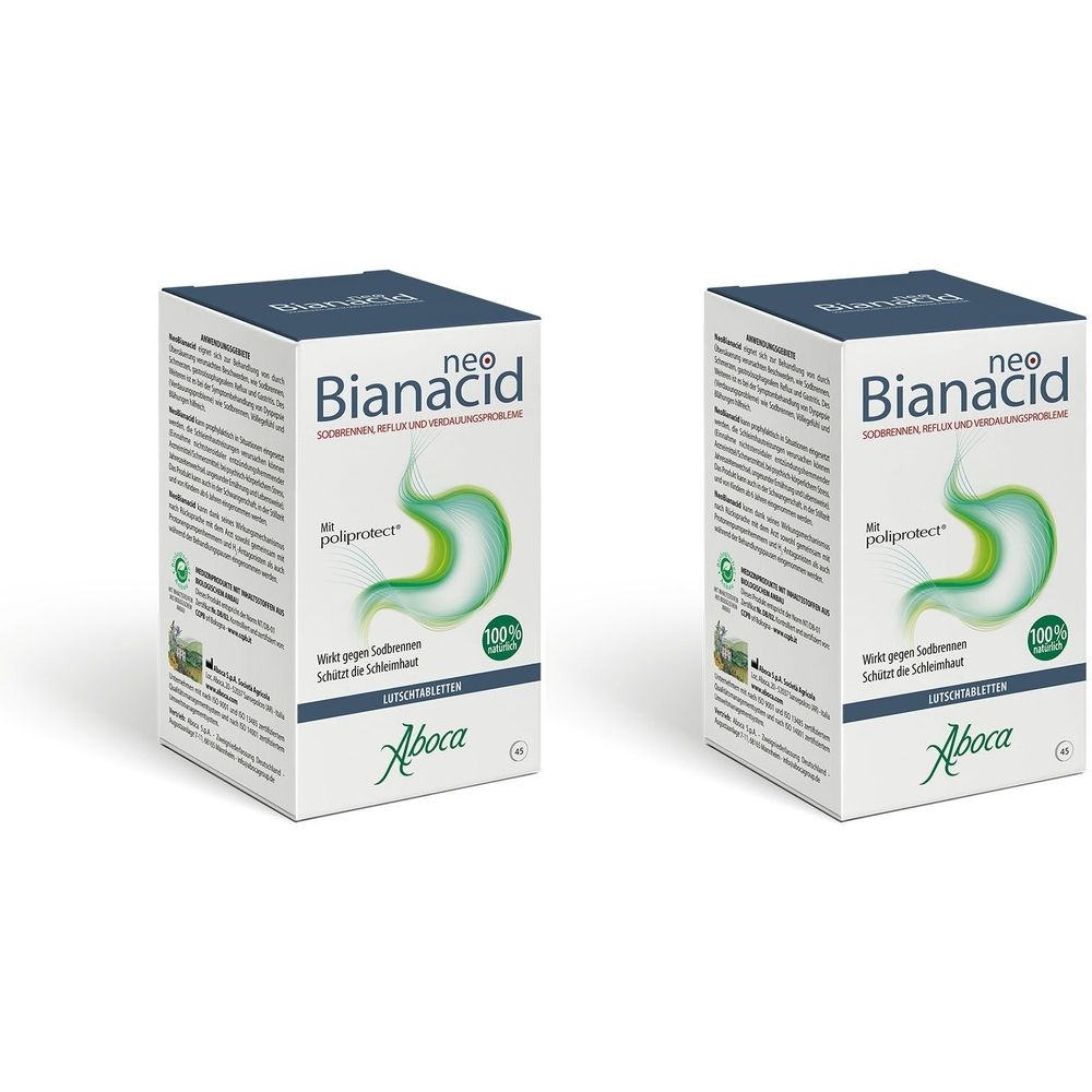 Zwei weiße Schachteln mit "neo Bianacid"-Aufdruck, grünem Magen-Symbol und "Aboca"-Logo. Text in deutscher Sprache.