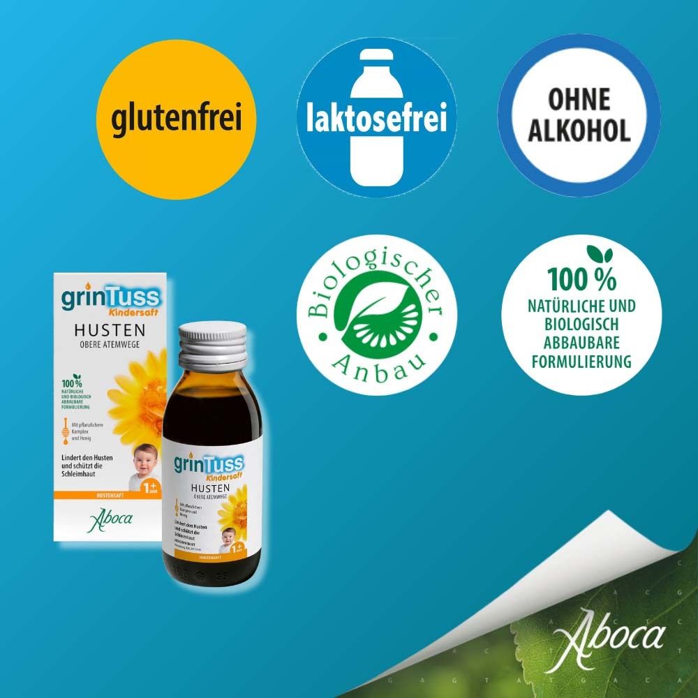 GrinTuss Kindersaft Flasche und Packung. Aufdruck: Husten, obere Atemwege. Glutenfrei, laktosefrei, ohne Alkohol.