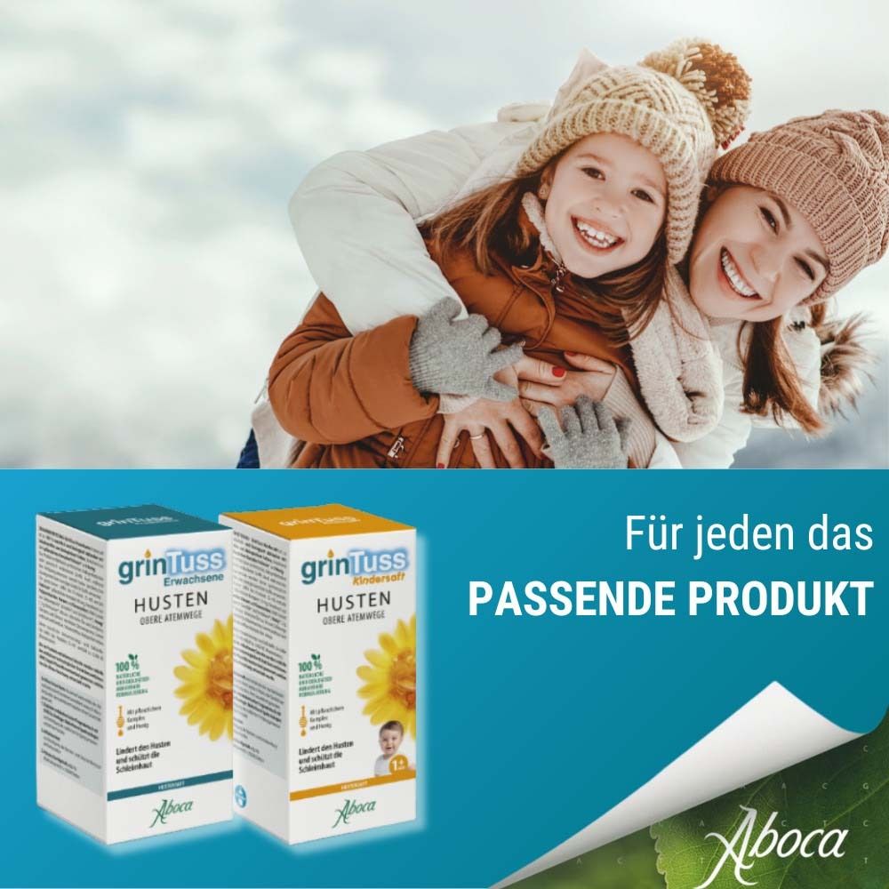 Zwei GrinTuss Kindersaft Packungen. Mutter und Kind im Schnee. Aufdruck: Husten, obere Atemwege.