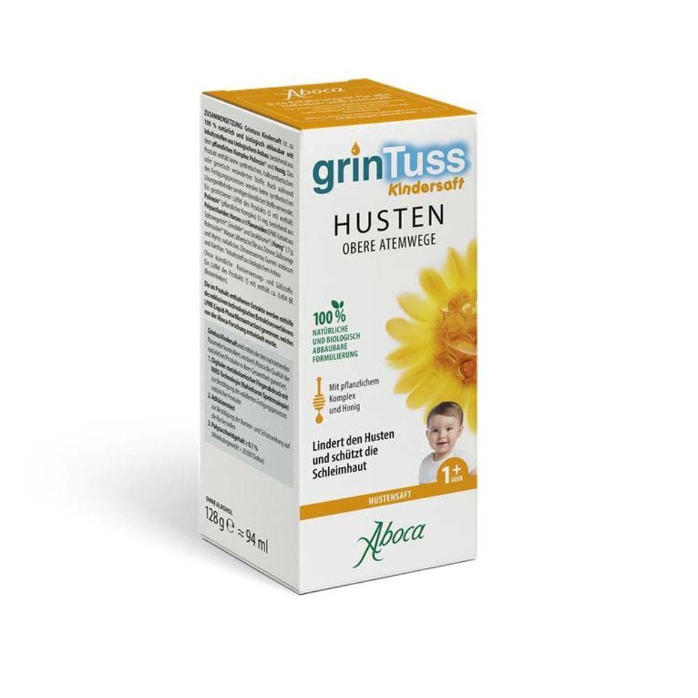 GrinTuss Kindersaft Packung. Aufdruck: Husten, obere Atemwege, 100% natürliche Formel, Baby, 1+. Aboca Logo.