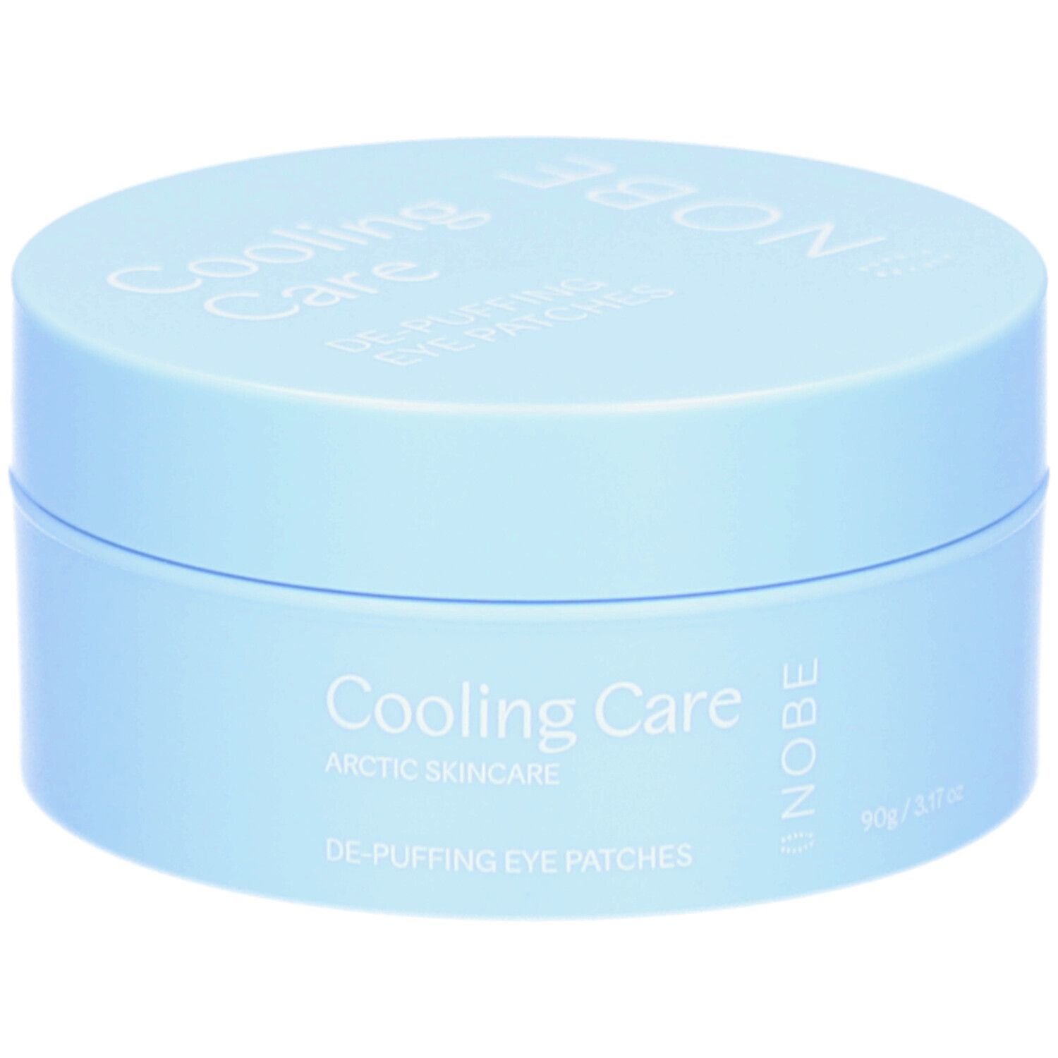Hellblaue Dose mit Deckel. Aufschrift: Cooling Care, De-Puffing Eye Patches, NOBE. 90g/3.17oz.