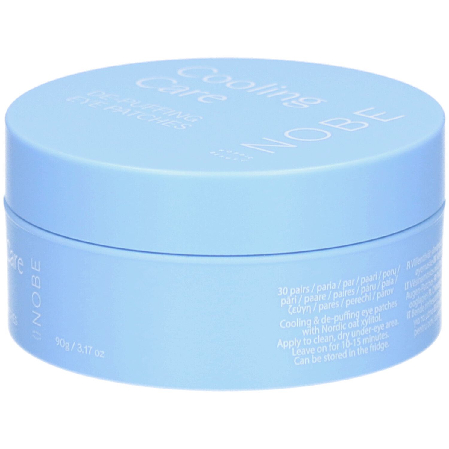 Hellblaue Dose. Aufschrift: Cooling Care, De-Puffing Eye Patches, NOBE. Text in mehreren Sprachen.