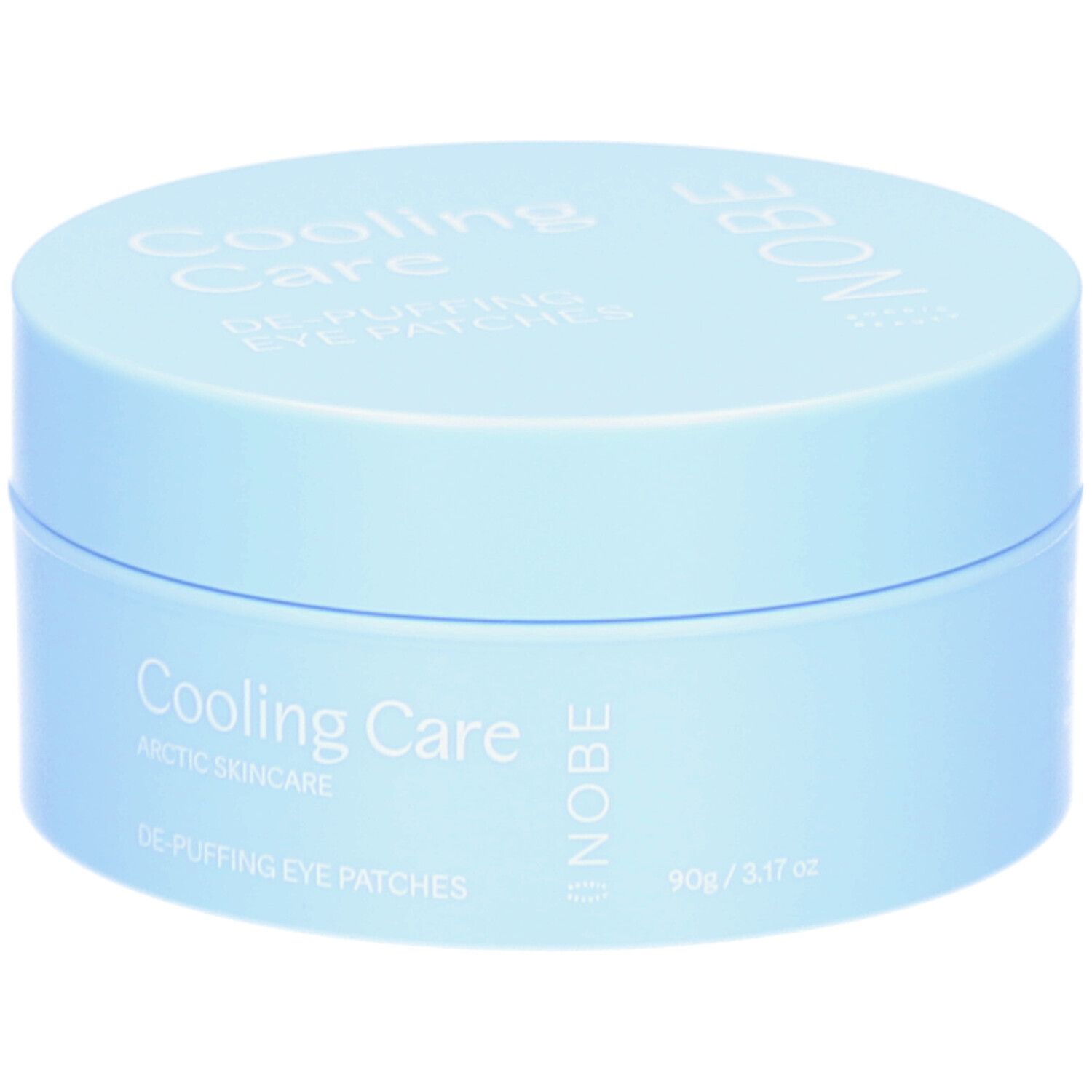 Hellblaue Dose. Aufschrift: Cooling Care, De-Puffing Eye Patches, NOBE. 90g/3.17oz.