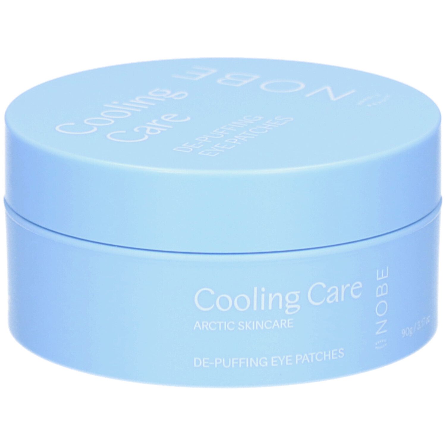 Hellblaue Dose. Aufschrift: Cooling Care, De-Puffing Eye Patches, NOBE. 90g/3.17oz.