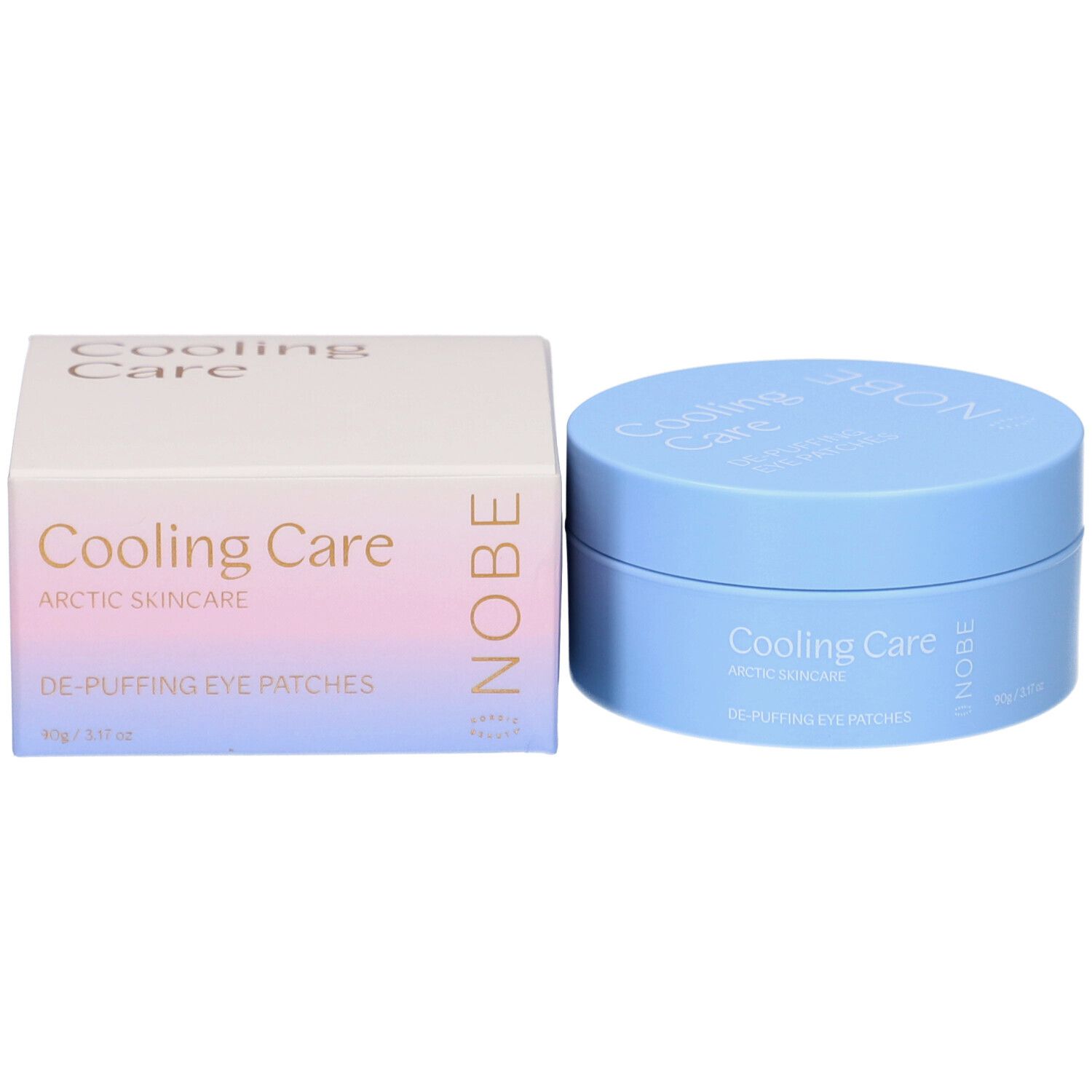 Hellblaue Dose und Verpackung. Aufschrift: Cooling Care, De-Puffing Eye Patches, NOBE. 90g/3.17oz.