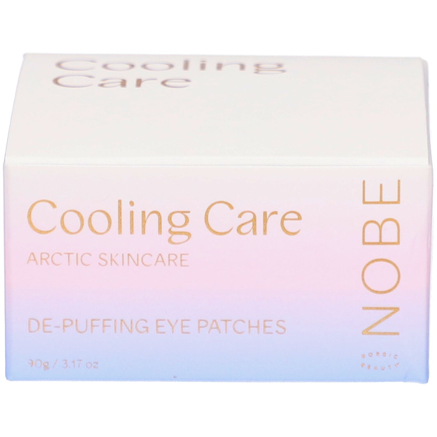 Verpackung. Aufschrift: Cooling Care, De-Puffing Eye Patches, NOBE. 90g/3.17oz.