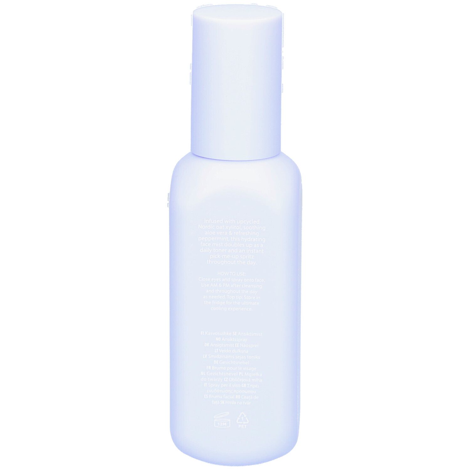 Rückseite der NOBE Cooling Care Frosty Face Mist Flasche mit Text.