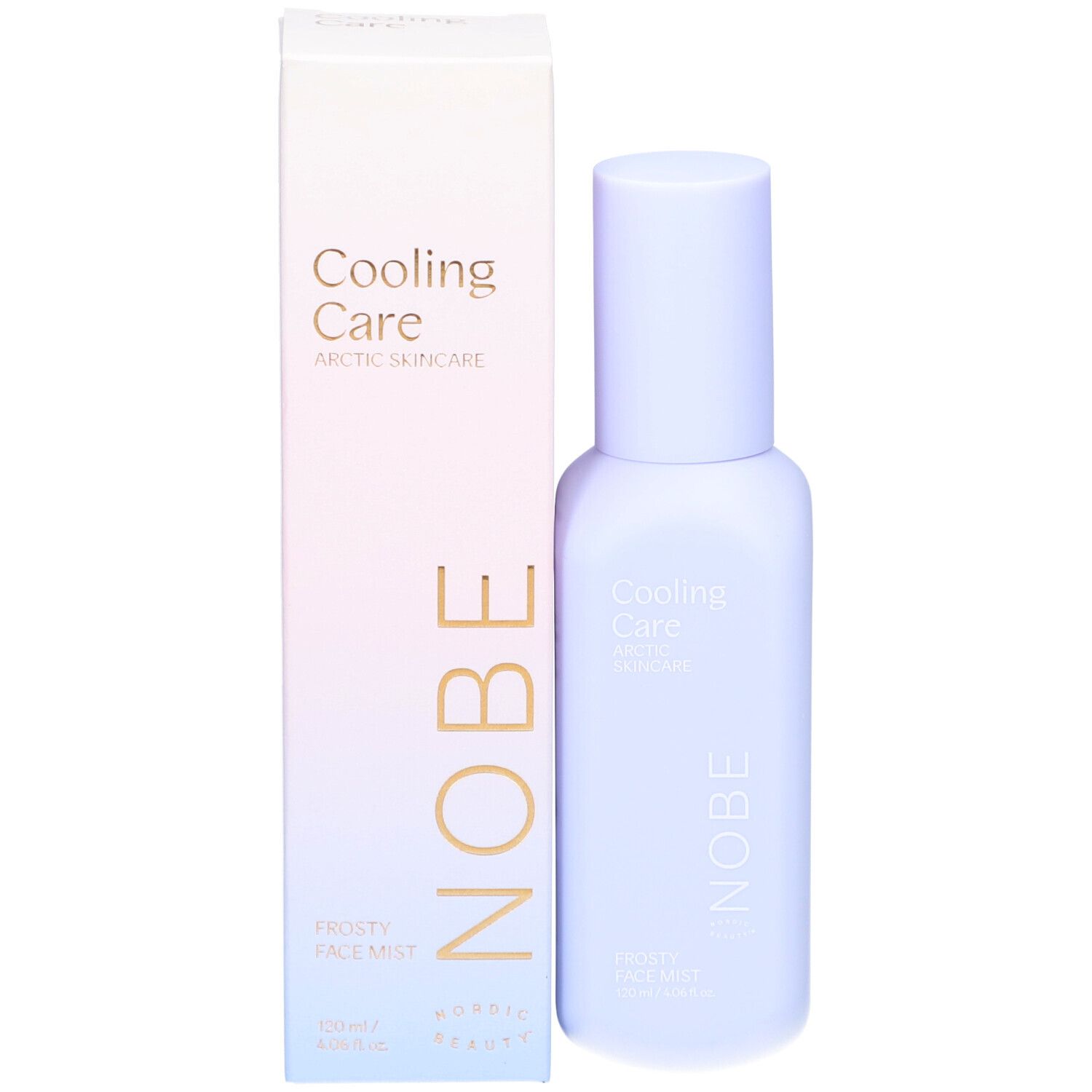 NOBE Cooling Care Frosty Face Mist Flasche neben der Verpackung.