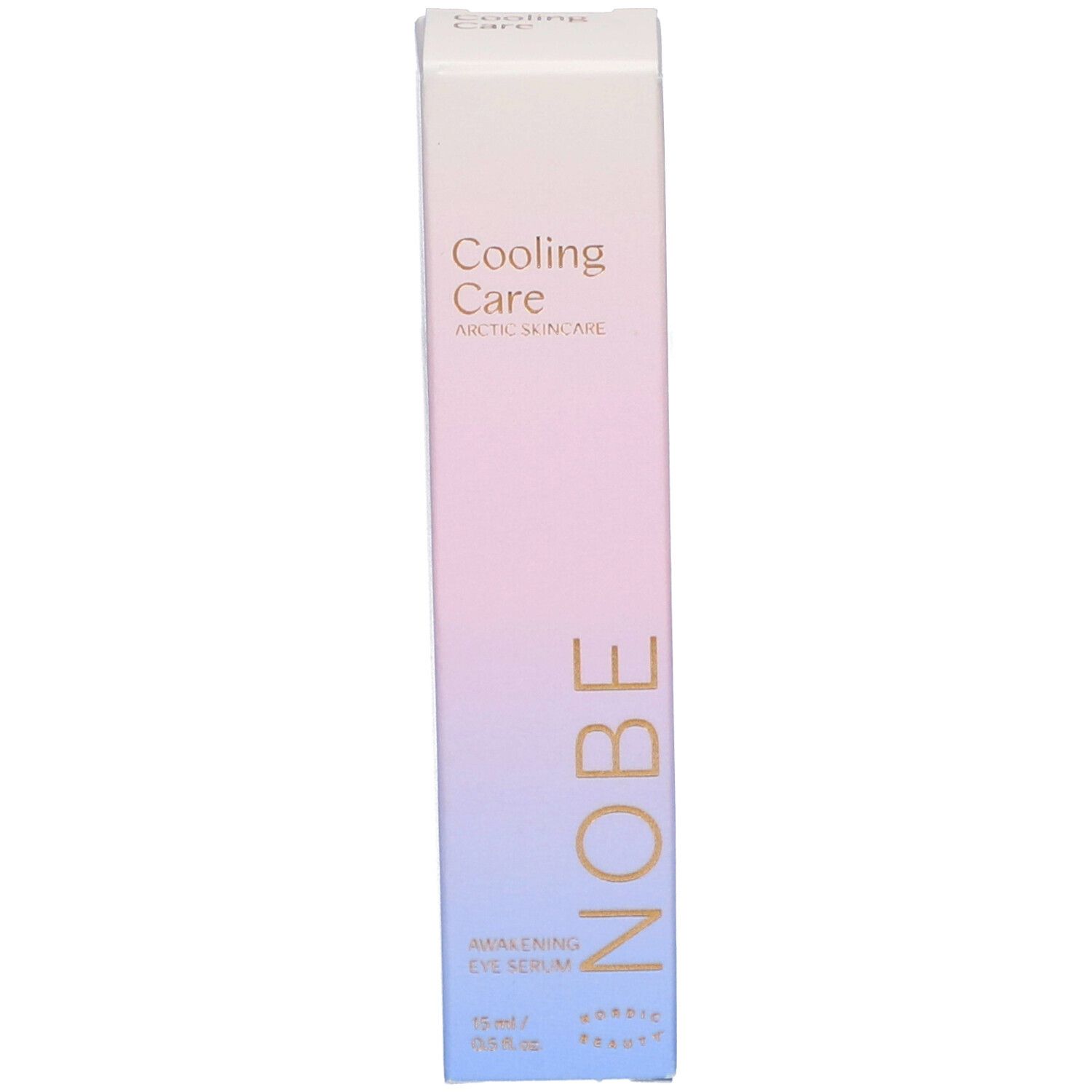 Verpackungsbox für NOBE Cooling Care Awakening Eye Serum mit Farbverlauf.