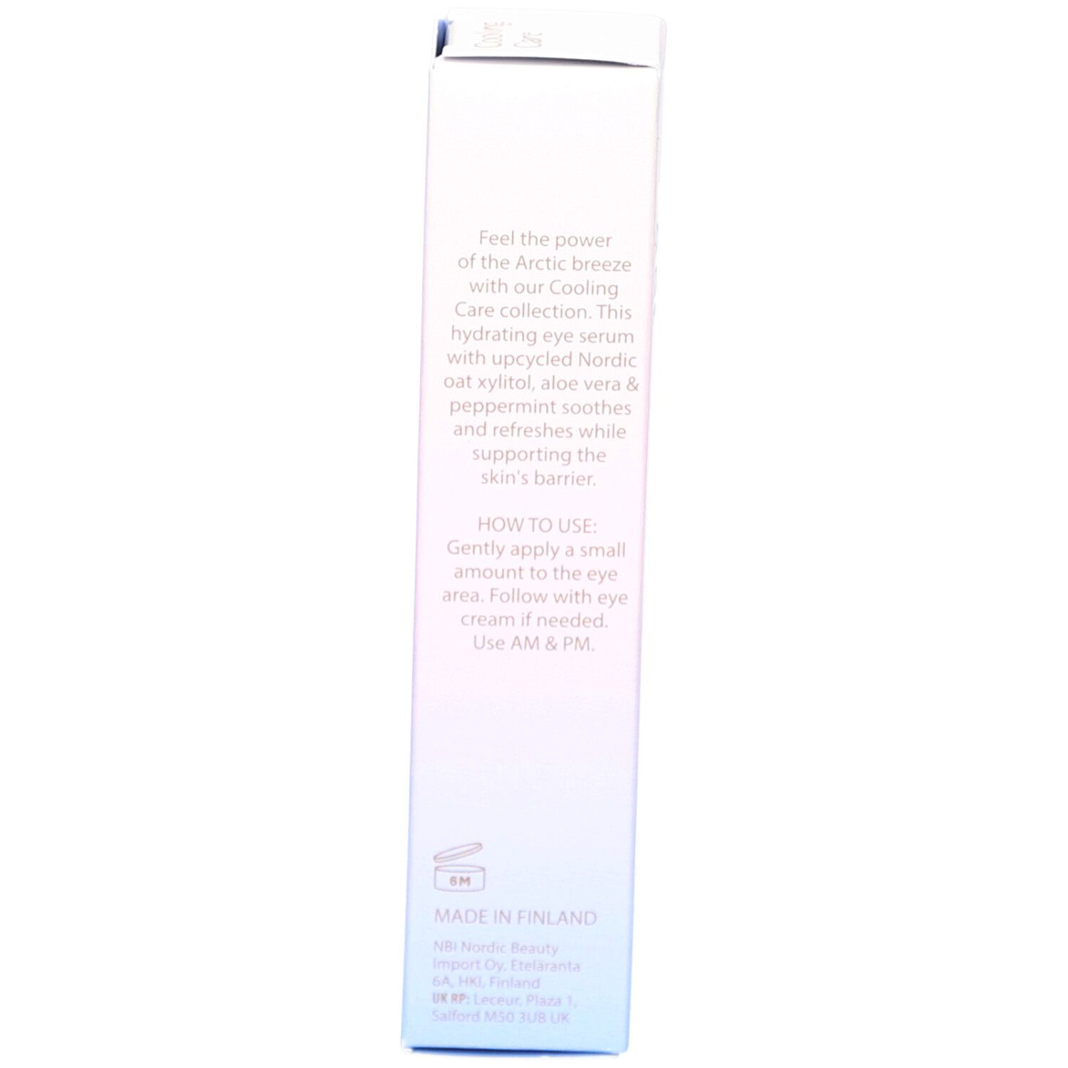 Seite der NOBE Cooling Care Awakening Eye Serum Box mit Produktbeschreibung.