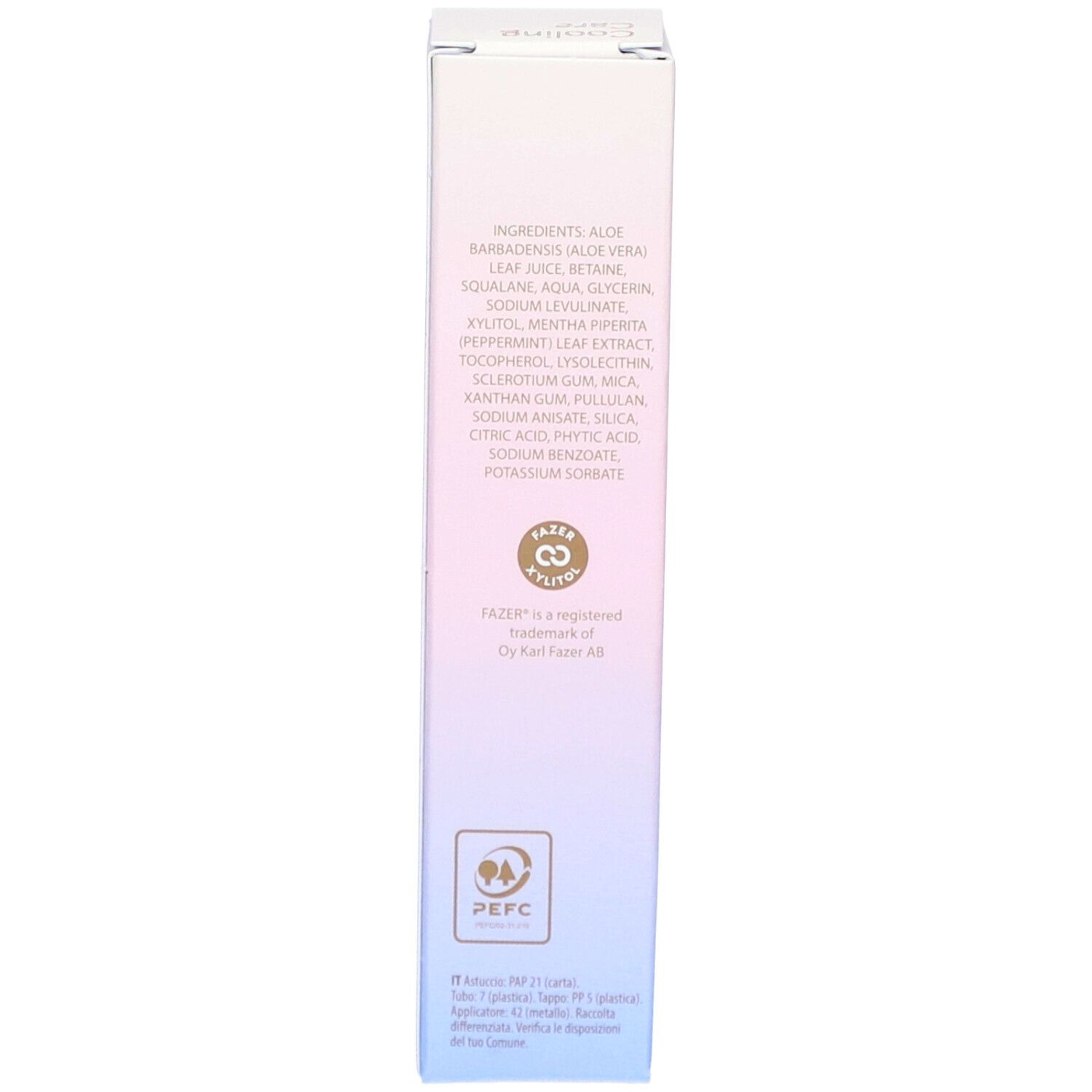 Seite der NOBE Cooling Care Awakening Eye Serum Box mit Inhaltsstoffen und Zertifizierungen.