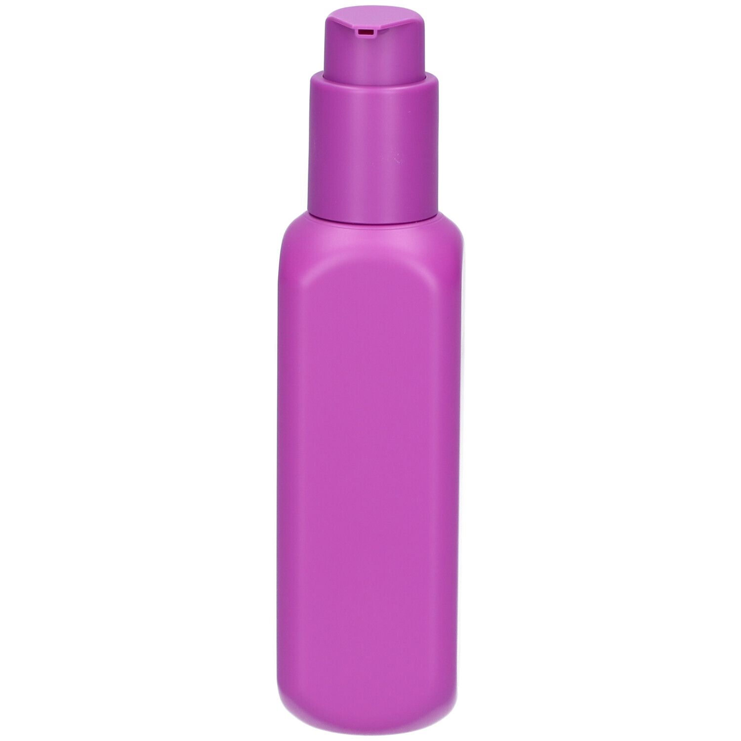 Rosa Flasche mit Pumpverschluss. Quadratische Form. Ohne Aufschrift.