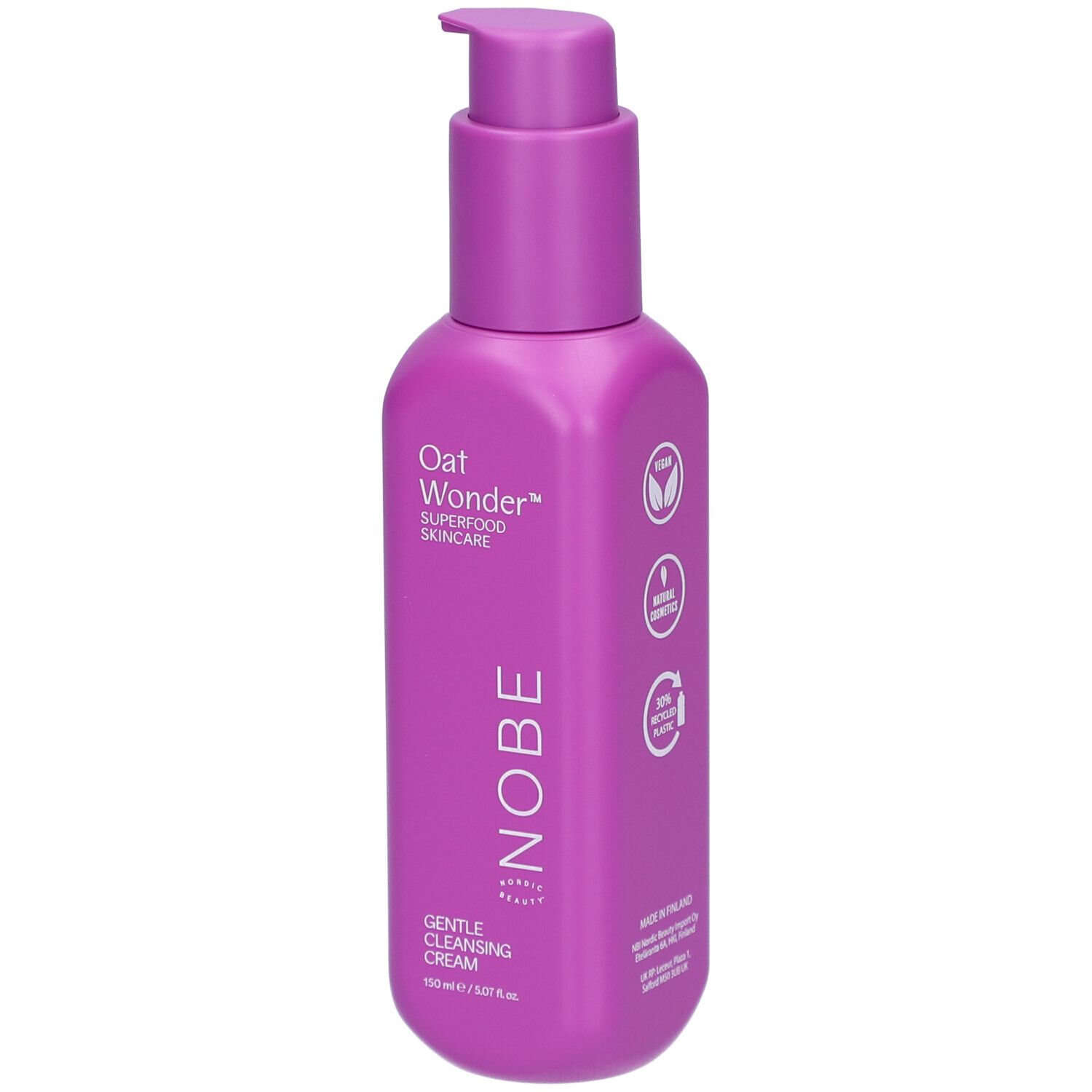 Rosa Flasche mit Pumpverschluss. Aufschrift: Oat Wonder, Superfood Skincare, NOBE, Gentle Cleansing Cream.