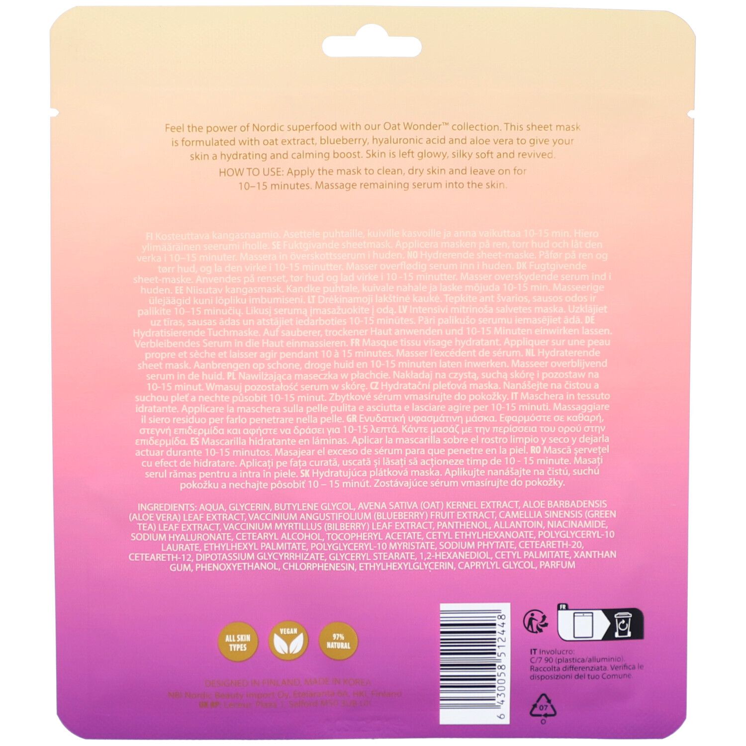 Rückseite der Tuchmasken-Verpackung. Text in mehreren Sprachen. Inhaltsstoffe und Logos: Vegan, Health, 5% Natural.