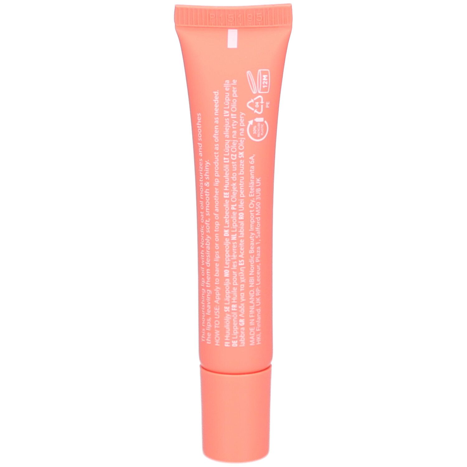 Rückseite der rosa Tube. Text in mehreren Sprachen. Angaben zu Inhaltsstoffen und Hersteller.