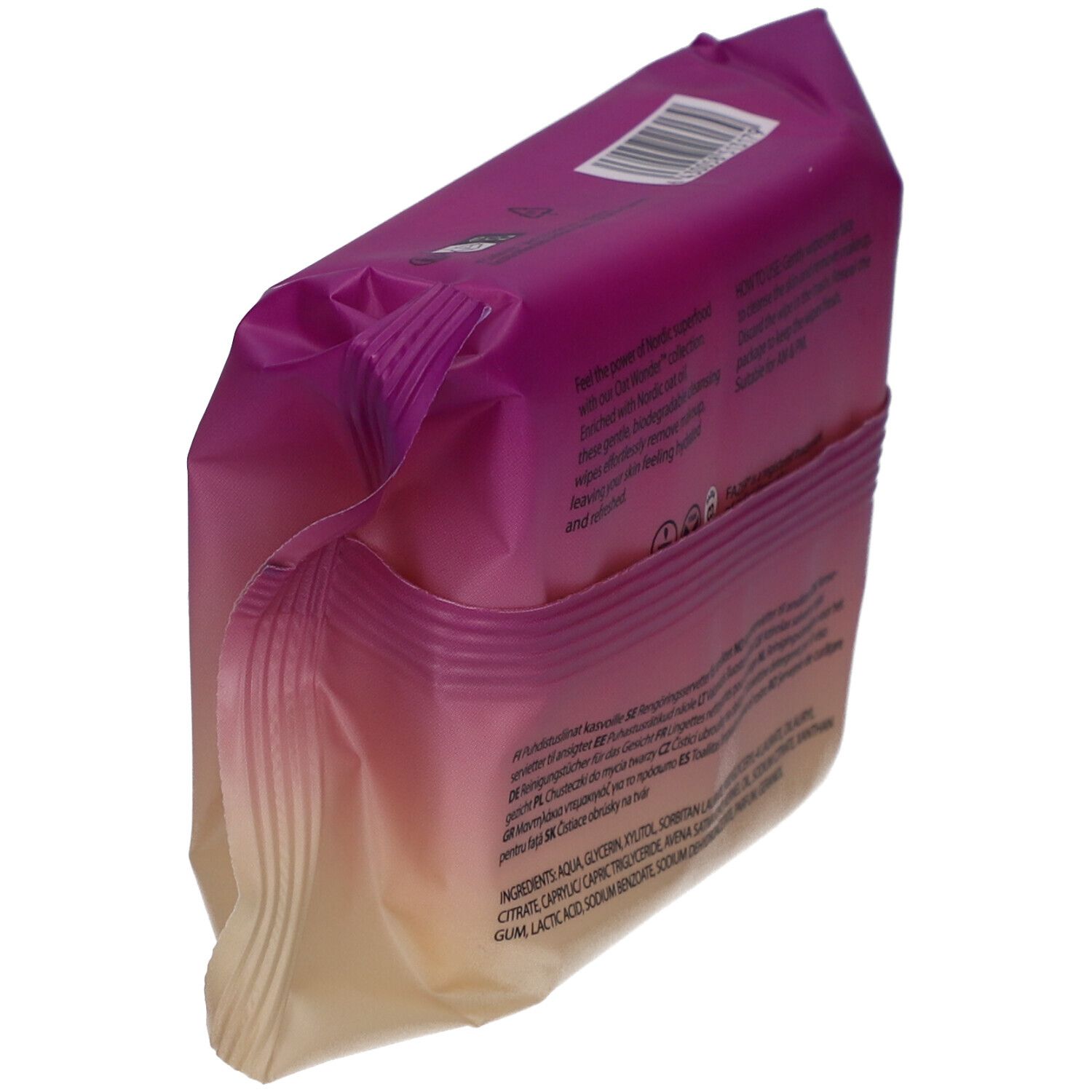 Rückseite der Verpackung mit Reinigungstüchern. Text in mehreren Sprachen. Aufschrift: Inhaltsstoffe.
