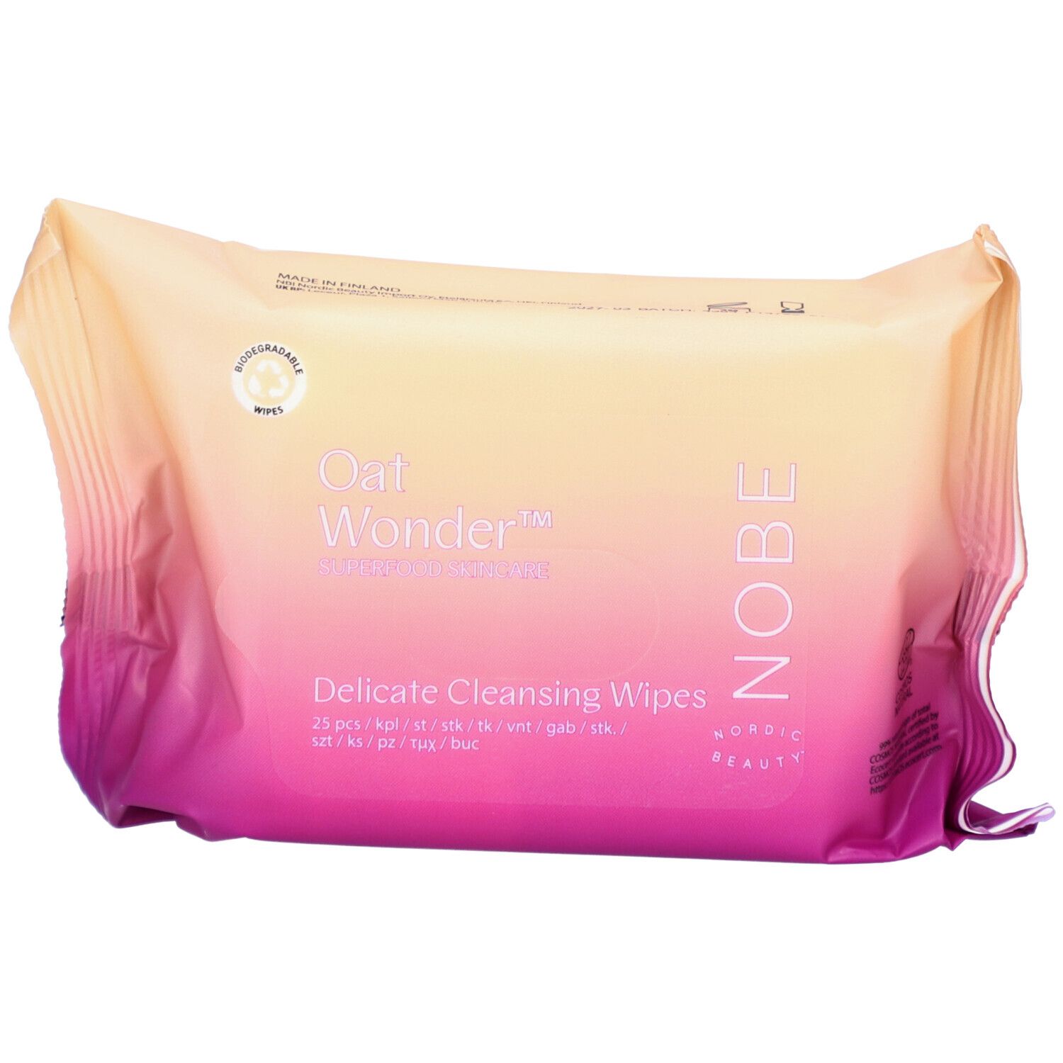 Verpackung mit Reinigungstüchern. Farbverlauf von Gelb zu Pink. Aufschrift: Oat Wonder, Delicate Cleansing Wipes, NOBE.