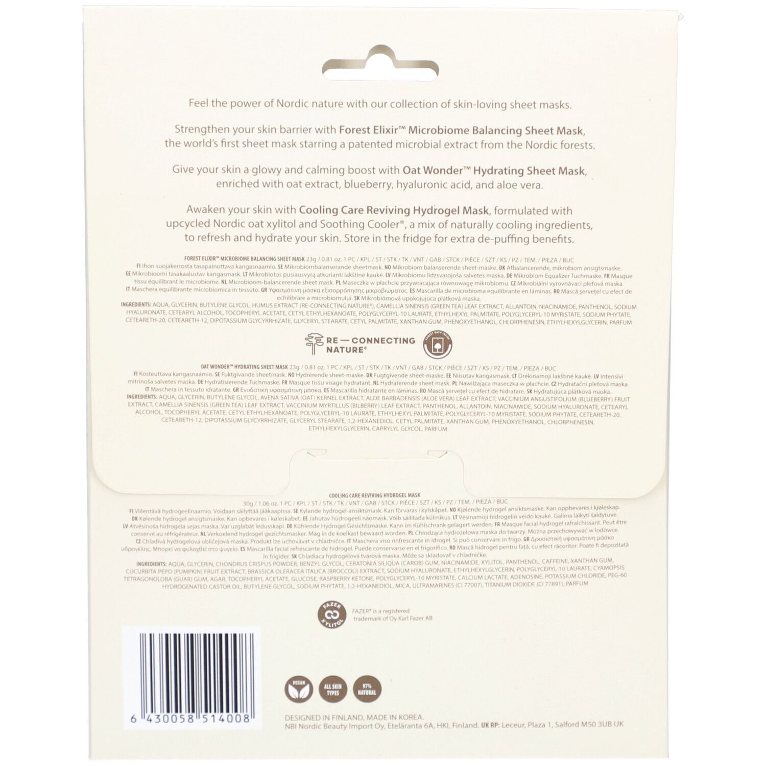 Rückseite der NOBE® Skin-Loving Sheet Mask Trio Verpackung. Text in mehreren Sprachen, Barcode und Logos.