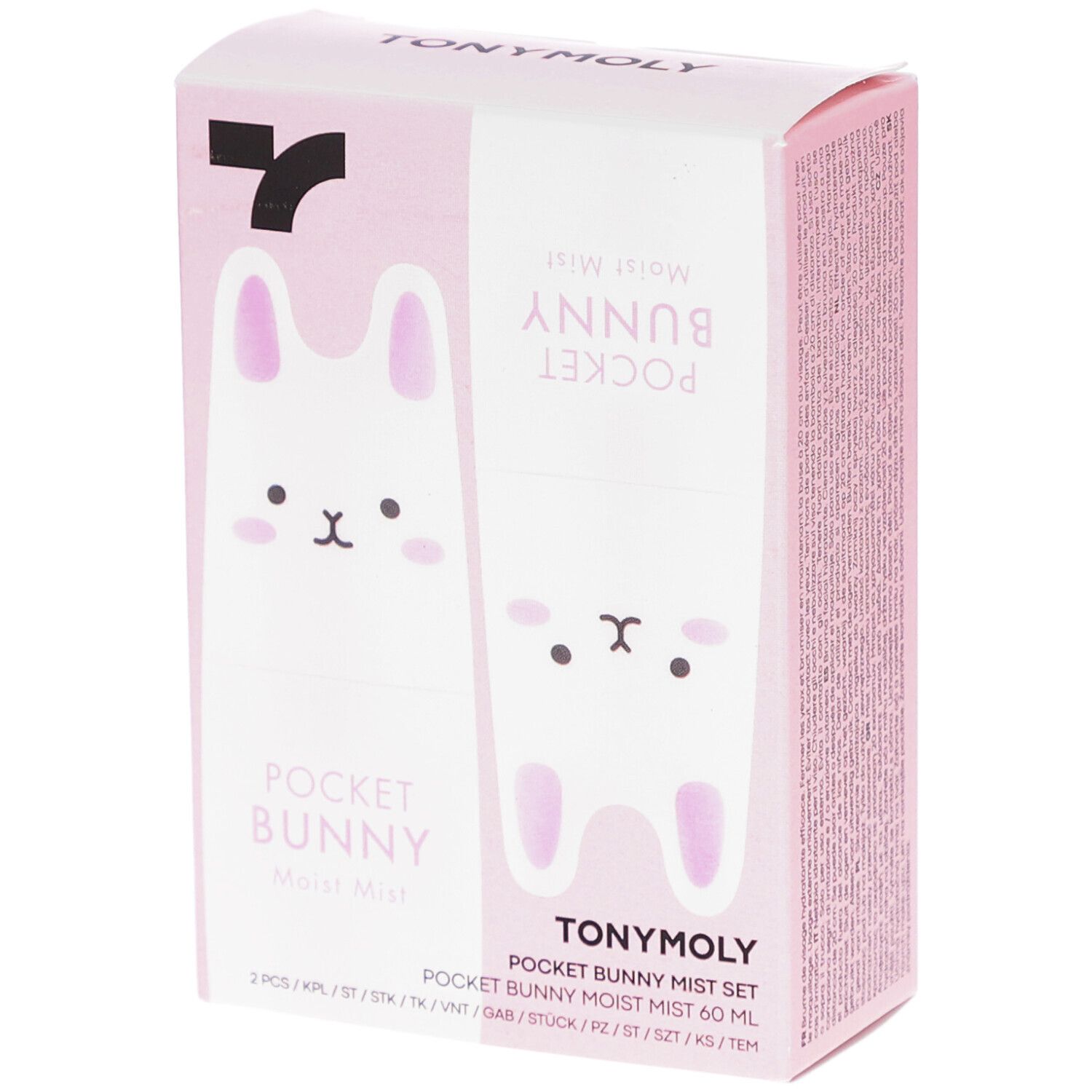 Rosa Verpackung mit Kaninchen-Illustrationen und Produktnamen. Text: POCKET BUNNY, TONYMOLY, Moist Mist Set.