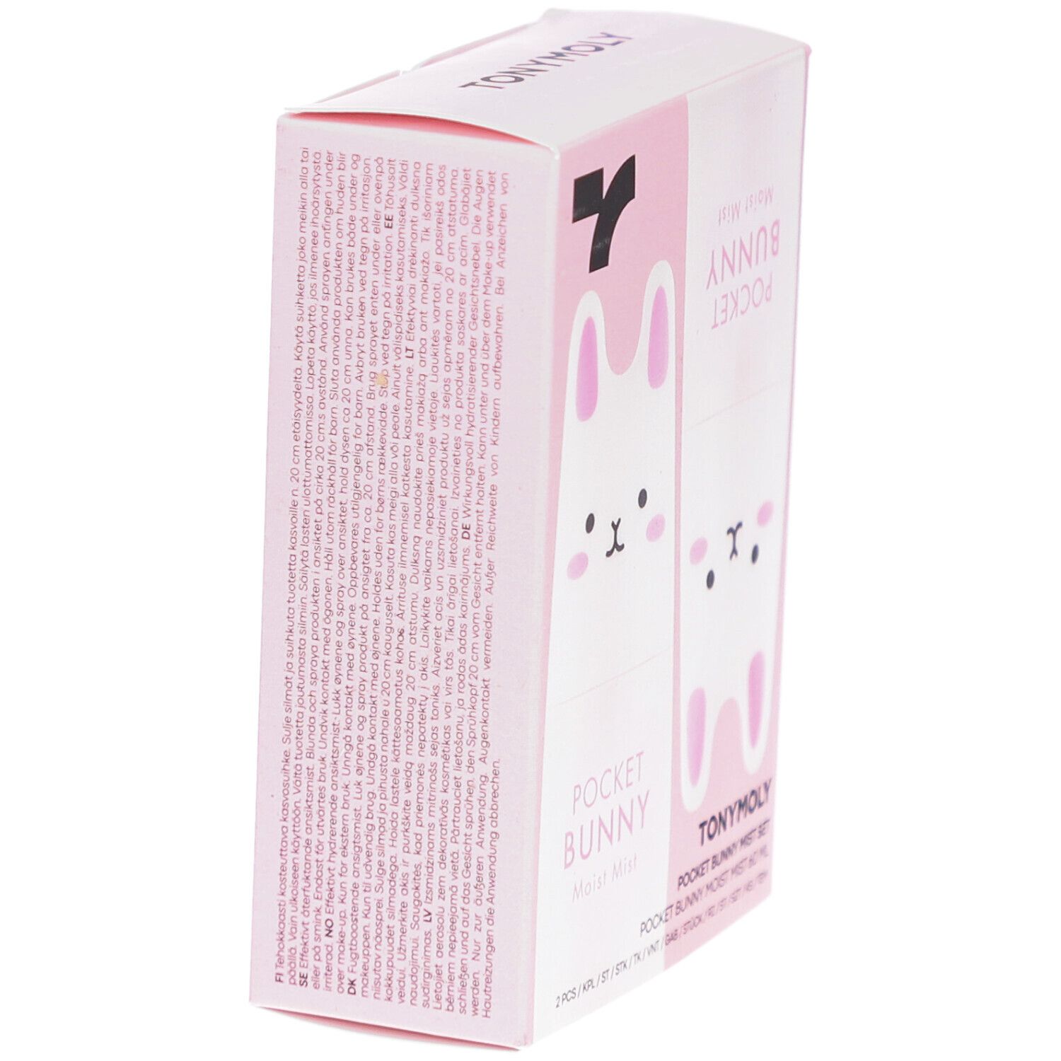 Rosa Verpackung, Seitenansicht. Text: POCKET BUNNY, TONYMOLY. Kleingedruckter Text mit Produktinformationen.